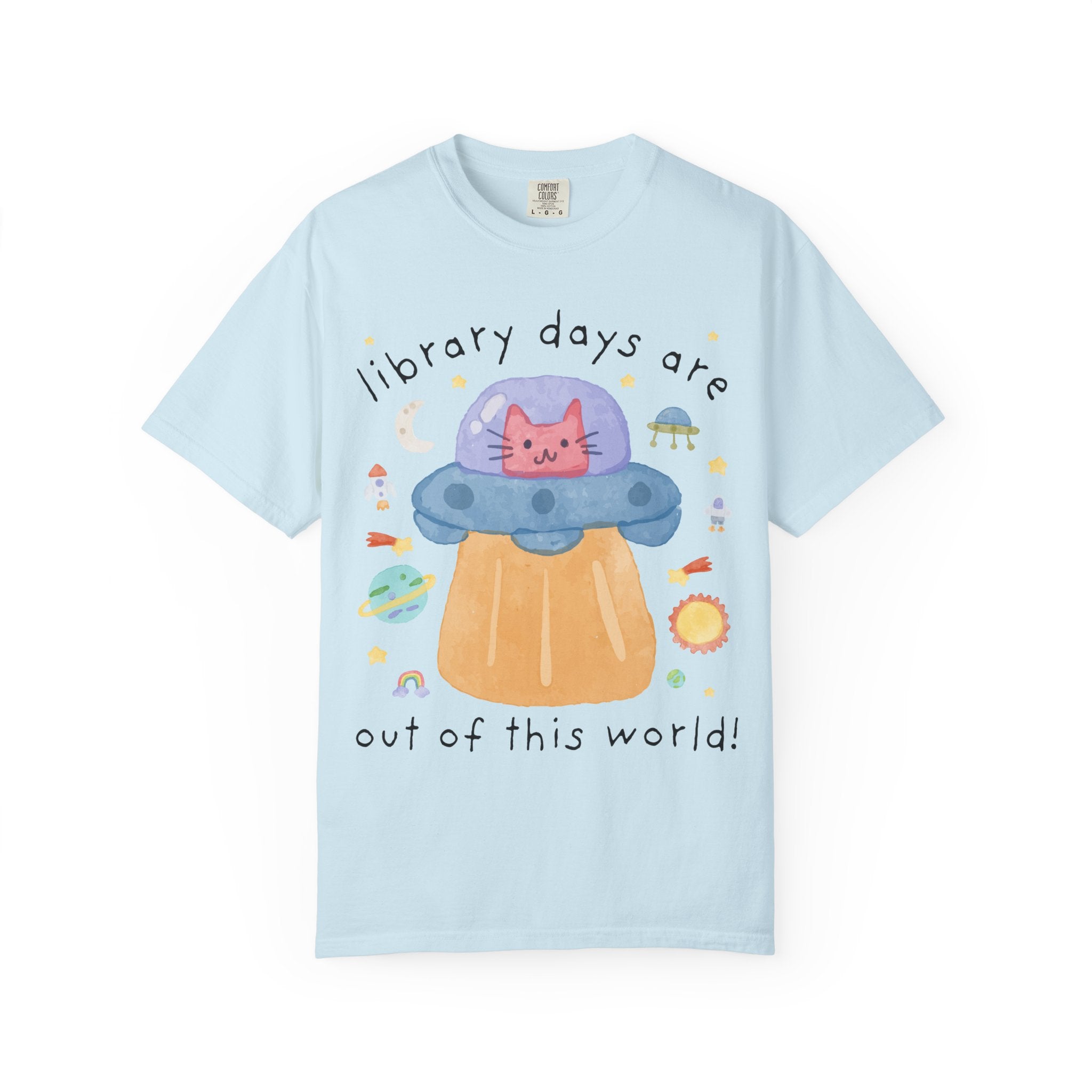 Cute Librarian Tee Shirt, Cat Lover, Funny Saying Bookish Cat Mom or Cat Dad Tee with UFO, Silly Dreamcore Tee, Elementary School Librarian - Opal and June