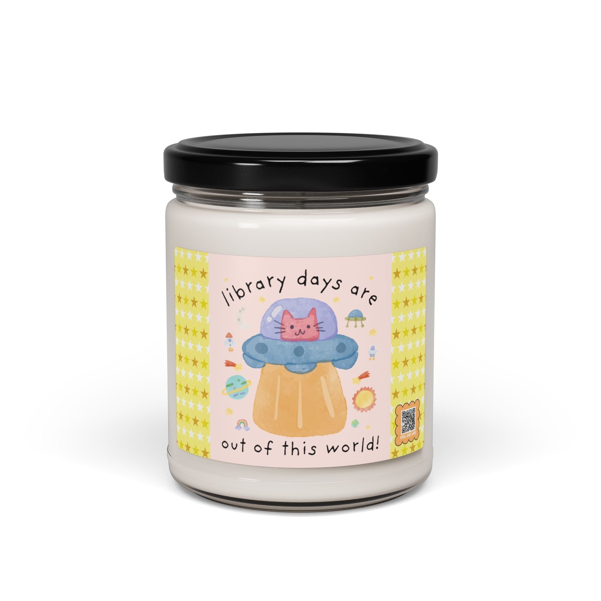 Cute Library Star Candle for Cat Lover, Funny Saying Bookish Cat Mom or Cat Dad Gift with UFO, Silly Dreamcore, Elementary School Librarian - Opal and June