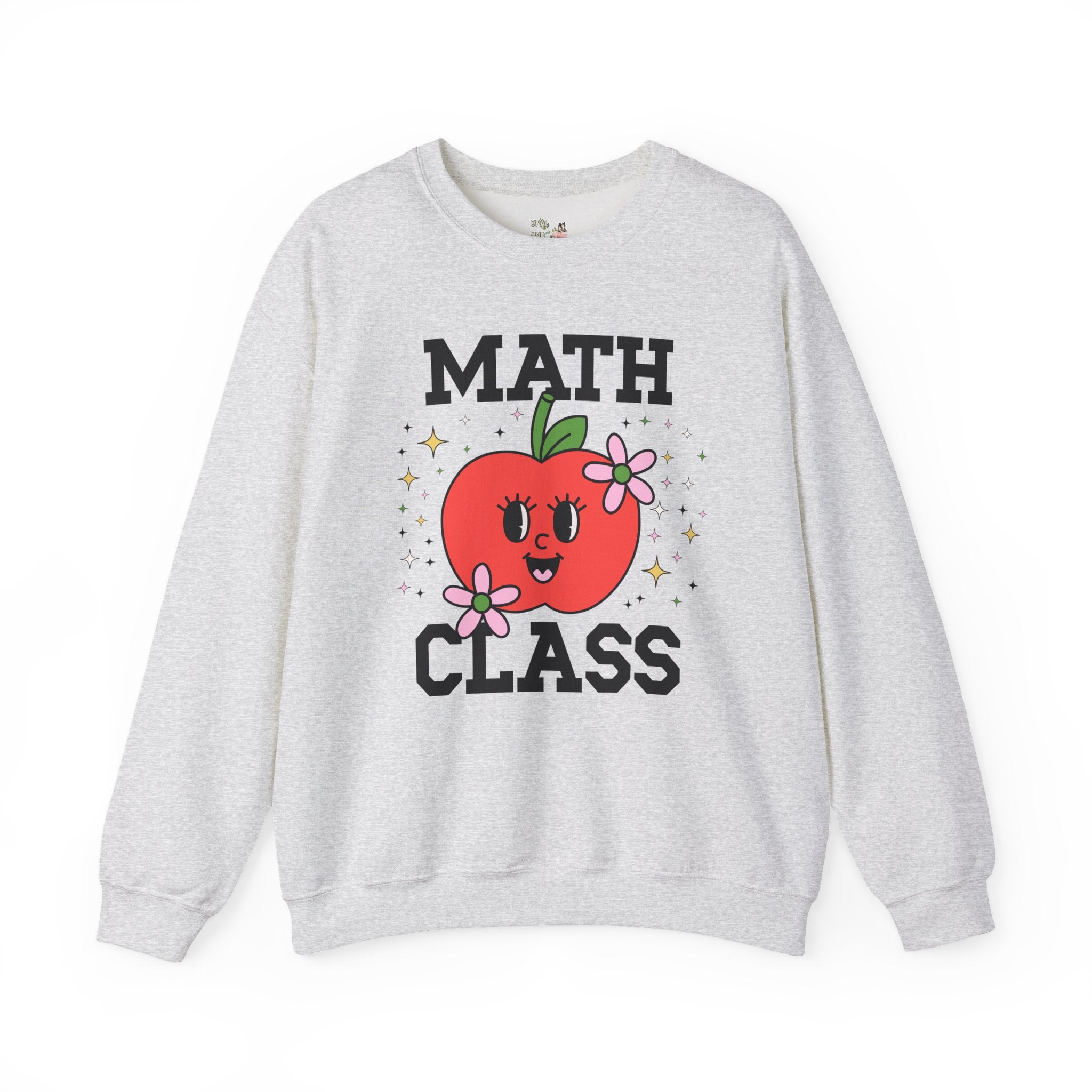 Cute Math Teacher Sweatshirt with Adorable Retro Apple with Flowers, Silly Teacher Team Shirt, Back to School or Meet the Teacher Night - Opal and June