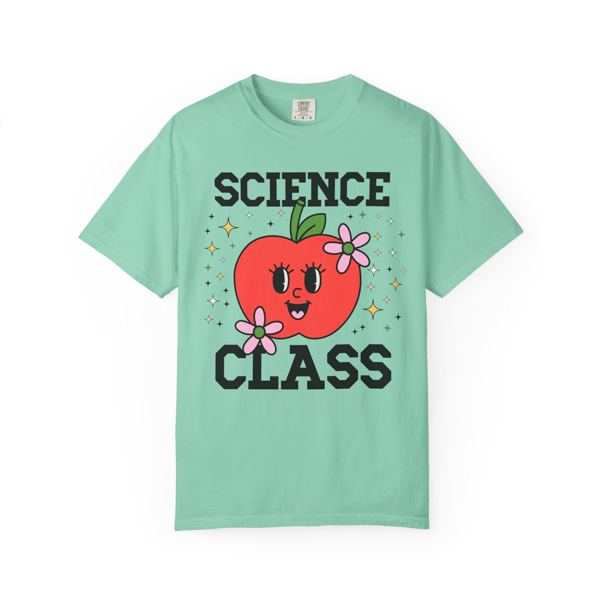 Cute Science Teacher Tee Shirt with Adorable Retro Apple with Flowers, Silly Teacher Team T-Shirt, Back to School or Meet the Teacher Night - Opal and June