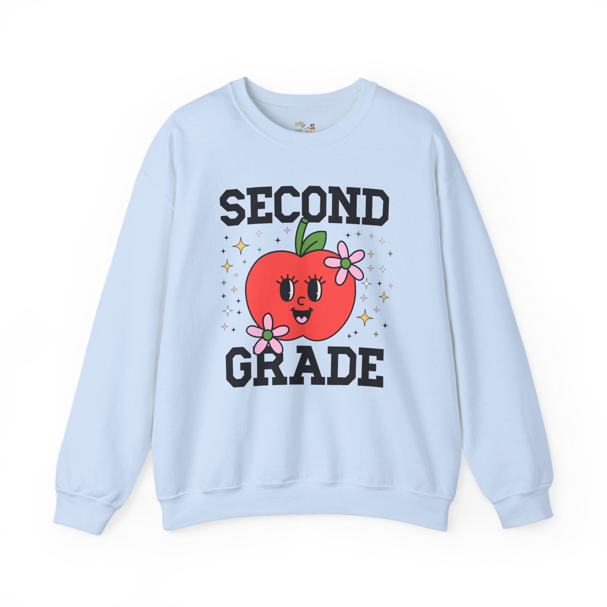 Cute Second Grade Teacher Sweatshirt with Adorable Retro Apple with Flowers, Teacher Team Shirt, Back to School or Meet the Teacher Night - Opal and June