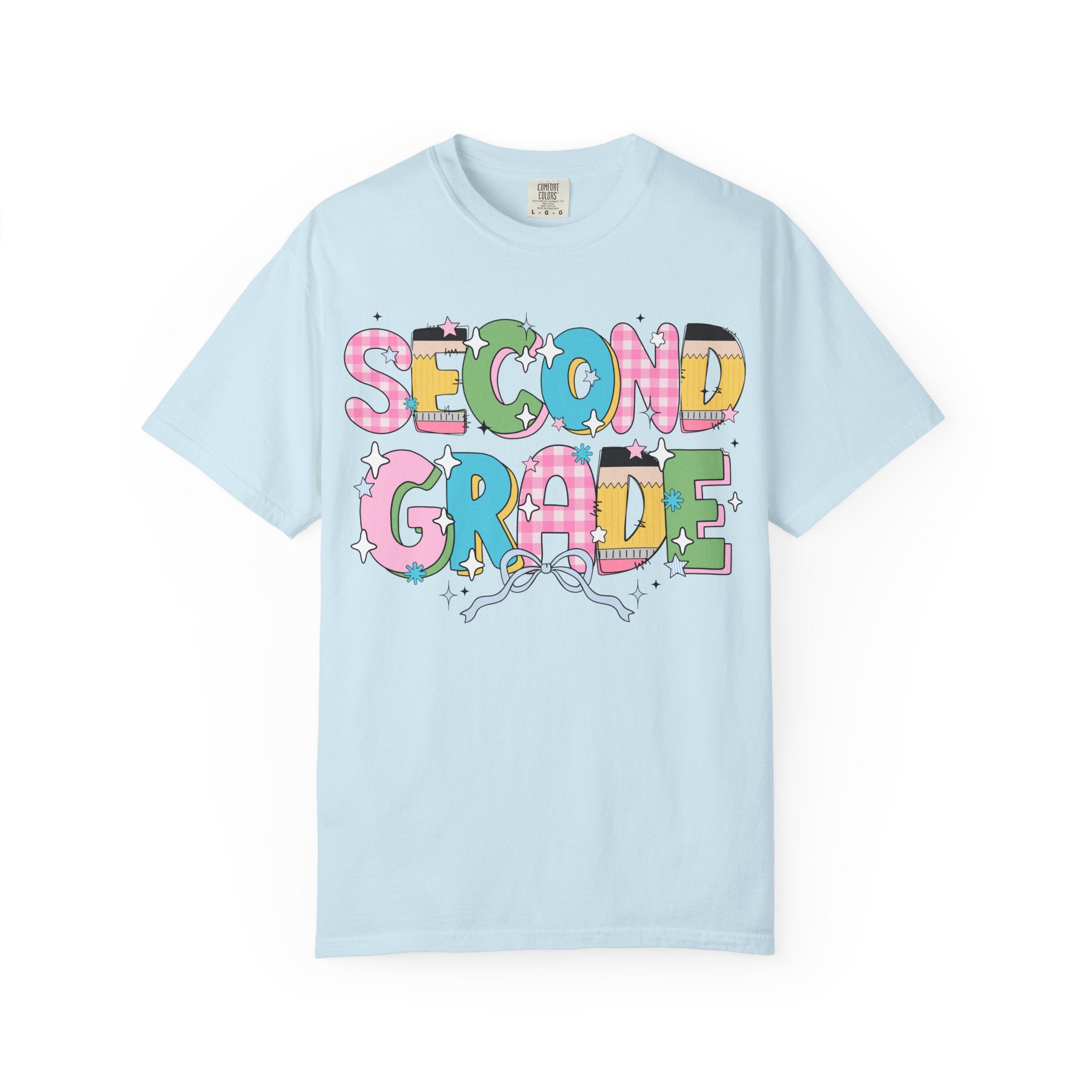 Cute Second Grade Teacher Tee Shirt with Bow and Adorable Early 2000s Style Doodles, Teacher Team Tee, Back to School, First Day of School - Opal and June