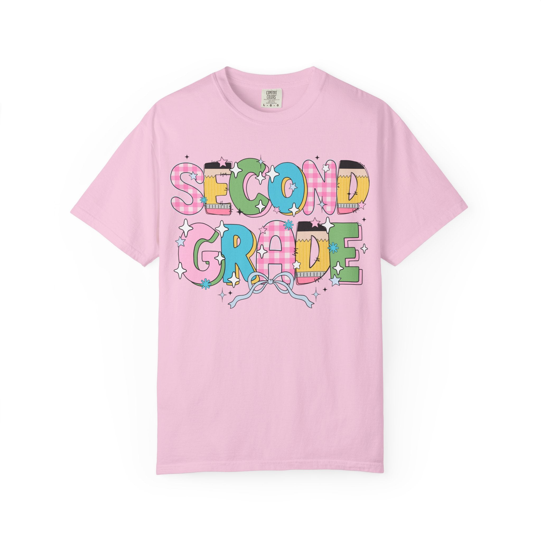 Cute Second Grade Teacher Tee Shirt with Bow and Adorable Early 2000s Style Doodles, Teacher Team Tee, Back to School, First Day of School - Opal and June