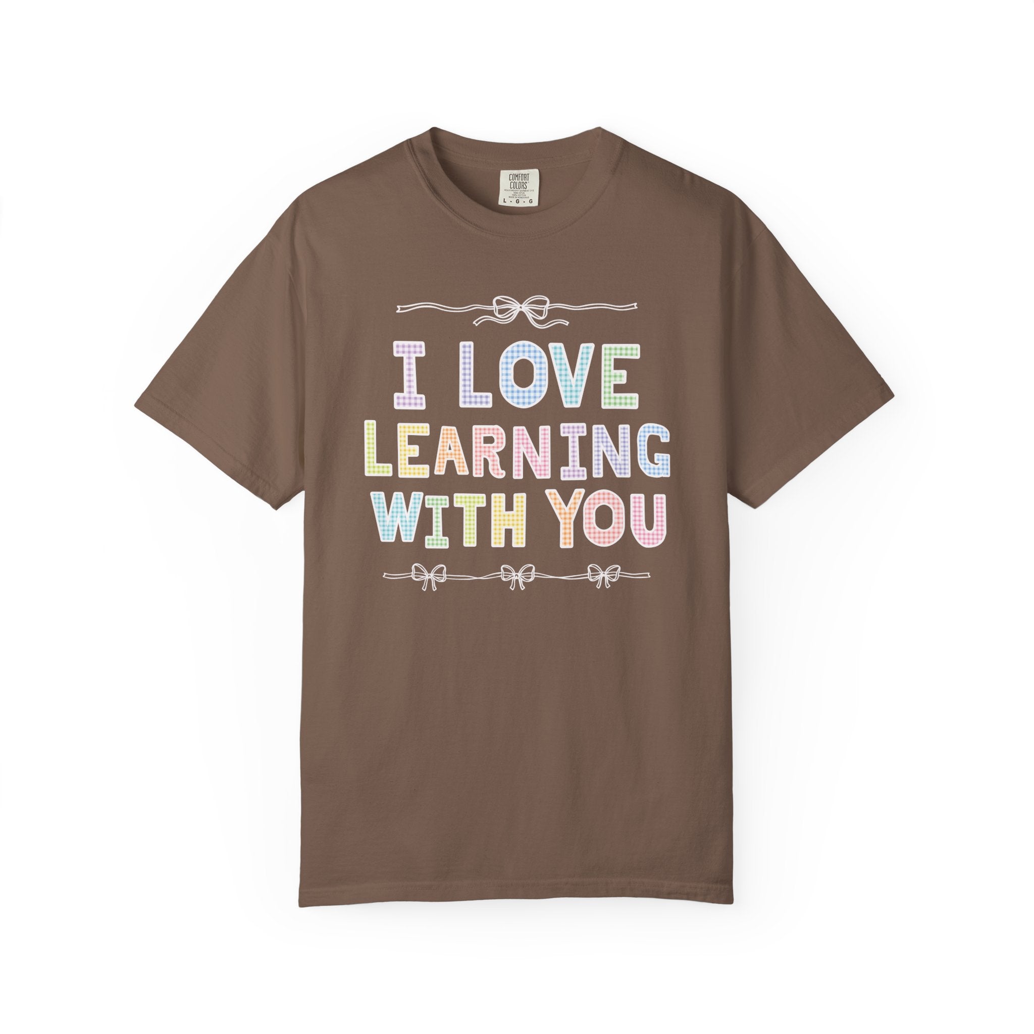 Cute Teacher Tee Shirt with Funny Saying for Elementary School Teacher or Teaching Aide: I Love Learning With You! Colorful 90s Aesthetic - Opal and June
