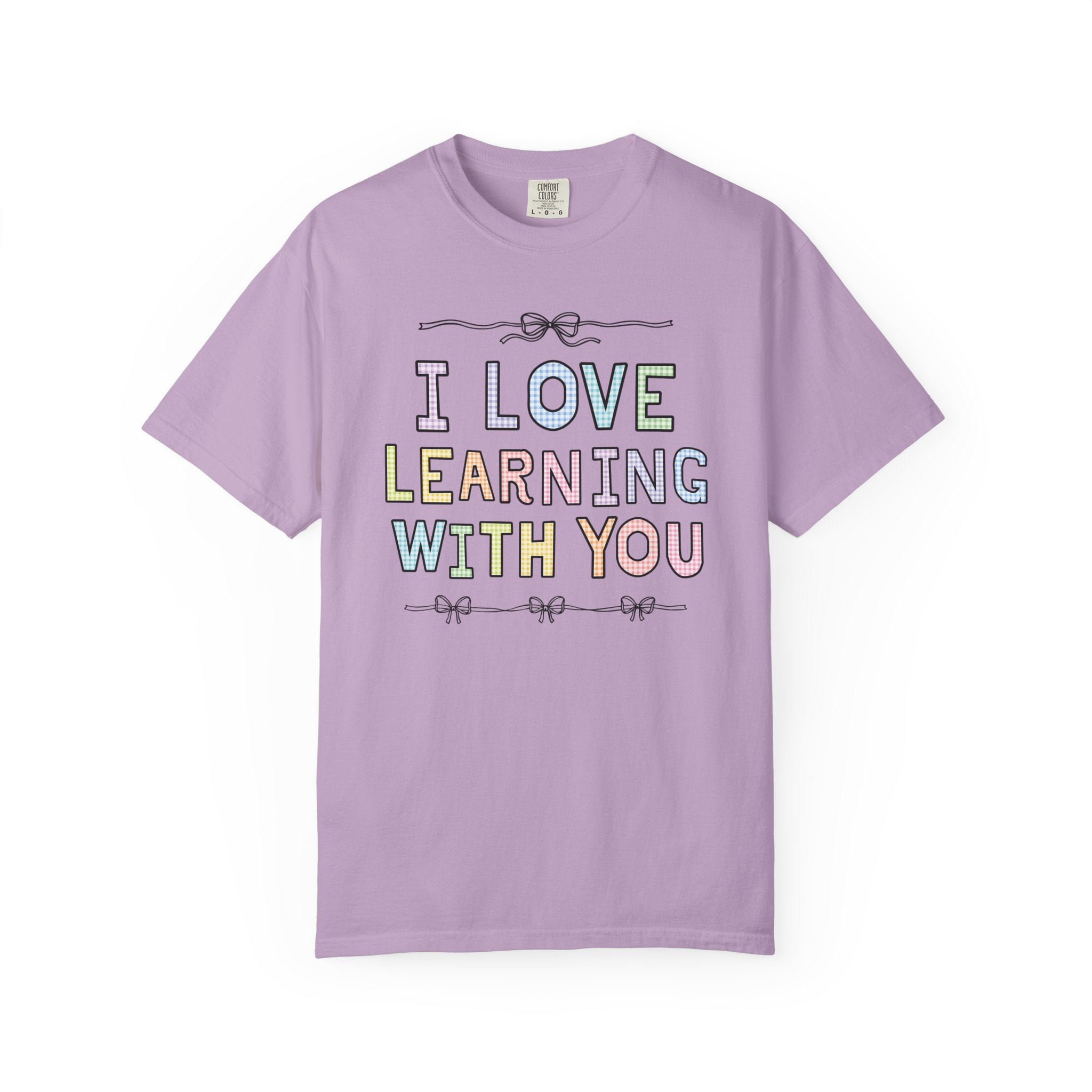 Cute Teacher Tee Shirt with Funny Saying for Elementary School Teacher or Teaching Aide: I Love Learning With You! Colorful 90s Aesthetic - Opal and June