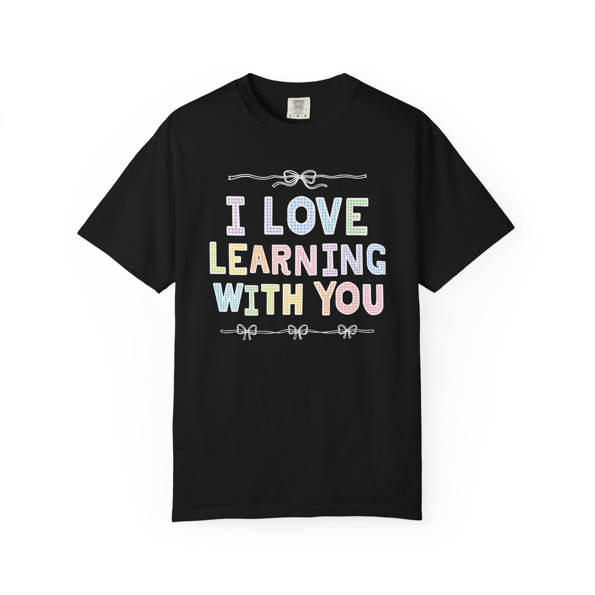 Cute Teacher Tee Shirt with Funny Saying for Elementary School Teacher or Teaching Aide: I Love Learning With You! Colorful 90s Aesthetic - Opal and June