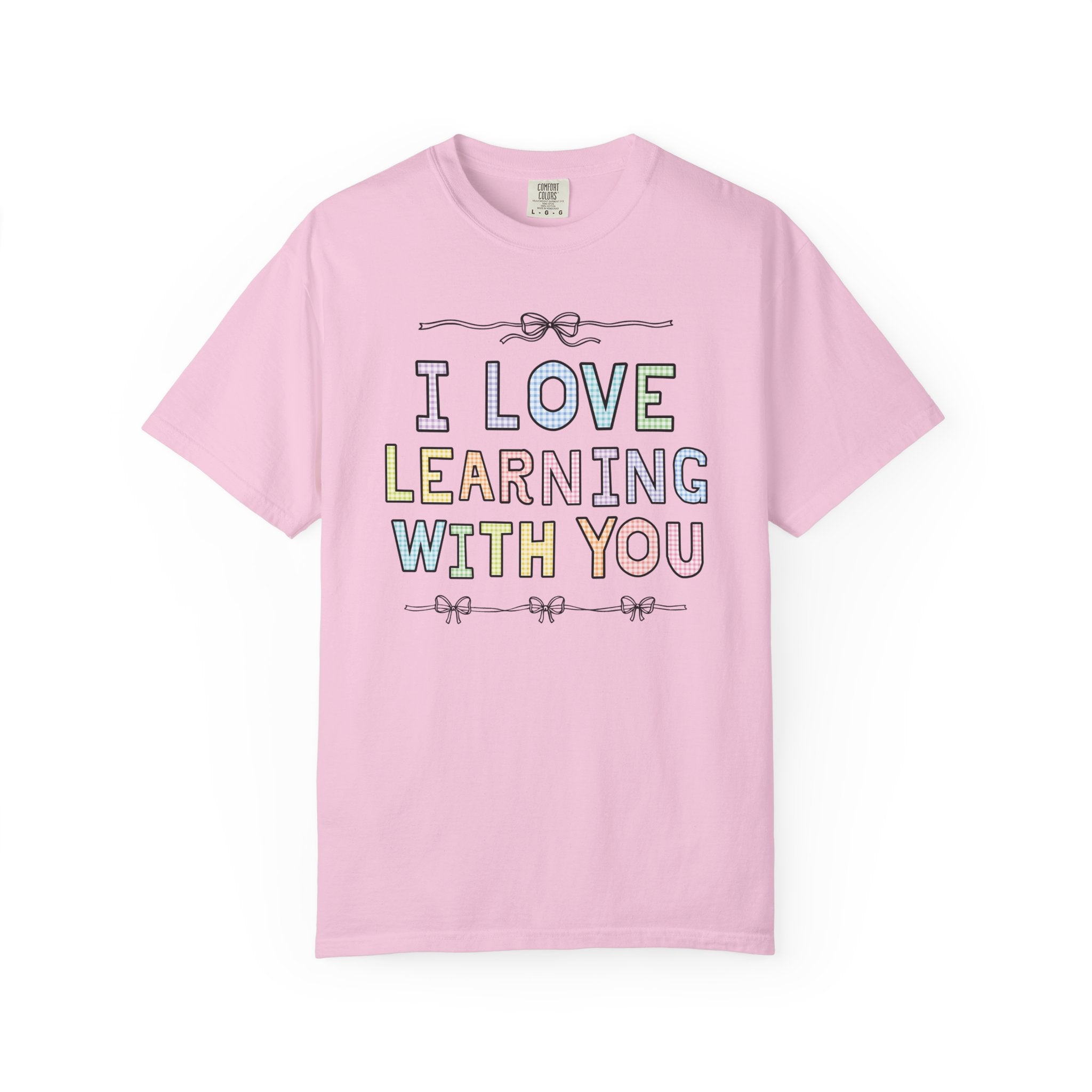 Cute Teacher Tee Shirt with Funny Saying for Elementary School Teacher or Teaching Aide: I Love Learning With You! Colorful 90s Aesthetic - Opal and June