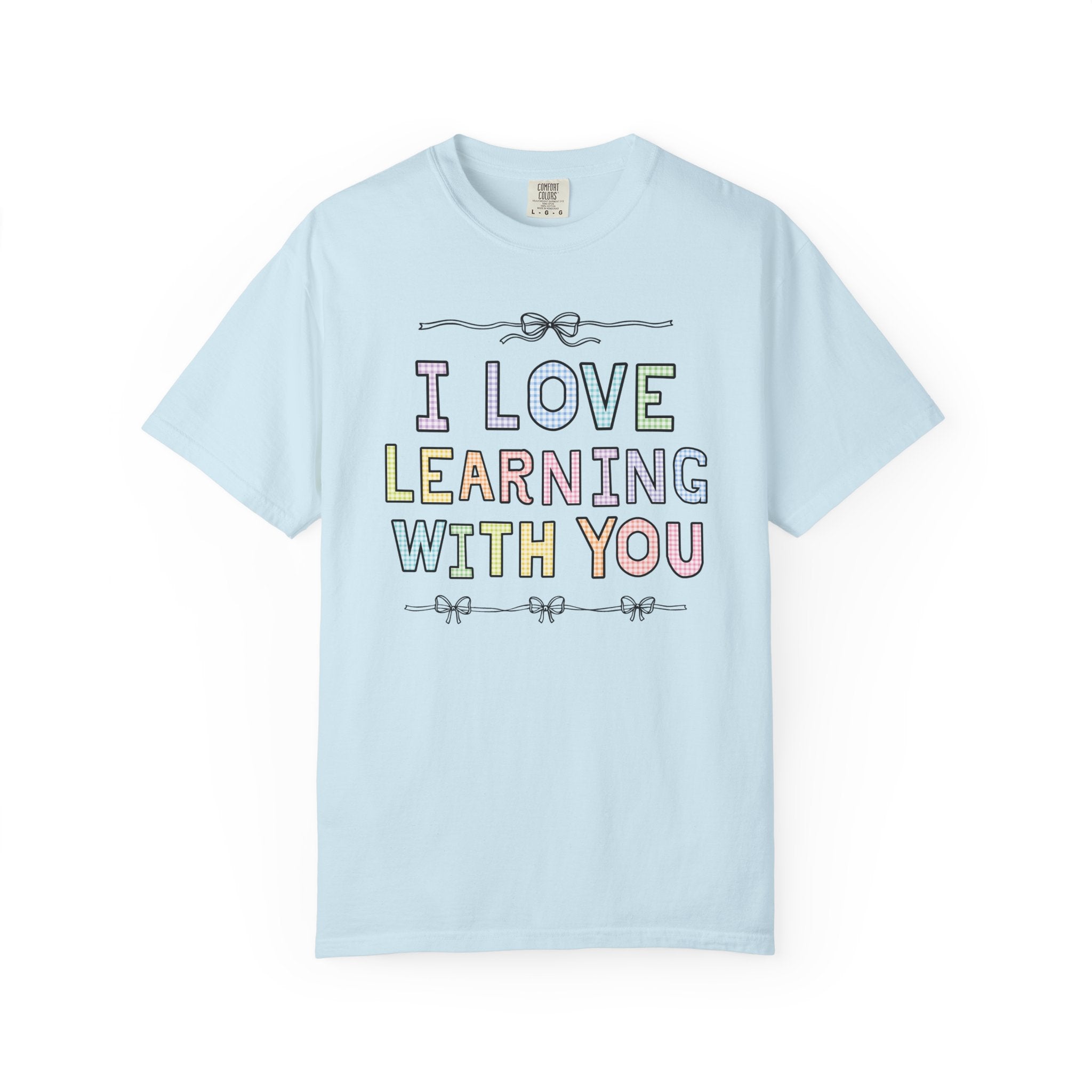 Cute Teacher Tee Shirt with Funny Saying for Elementary School Teacher or Teaching Aide: I Love Learning With You! Colorful 90s Aesthetic - Opal and June