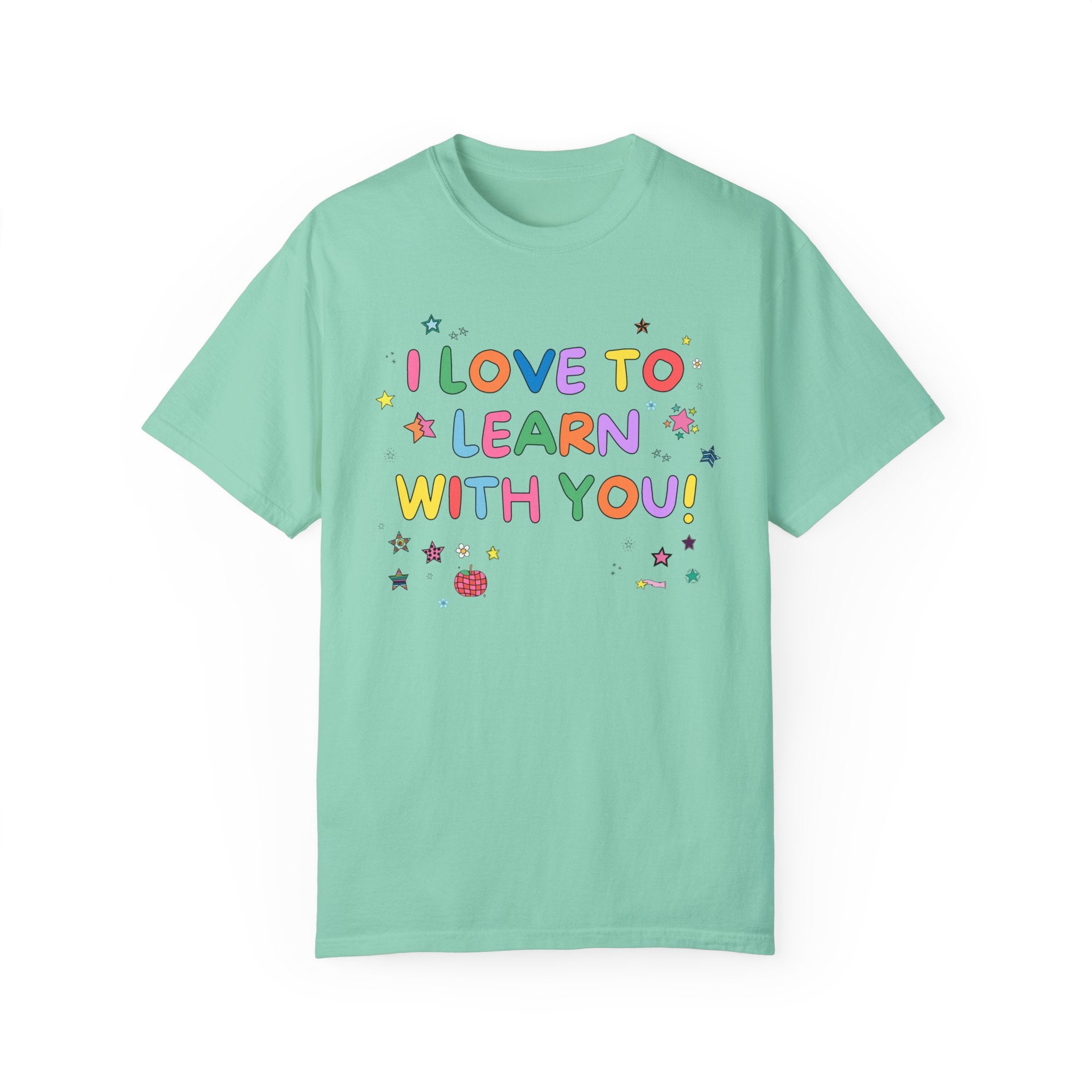 Cute Teacher Tee Shirt with Stars and Adorable Y2K Doodles: I Love to Learn With You! Colorful Kindergarten or First Grade Teacher T-Shirt - Opal and June