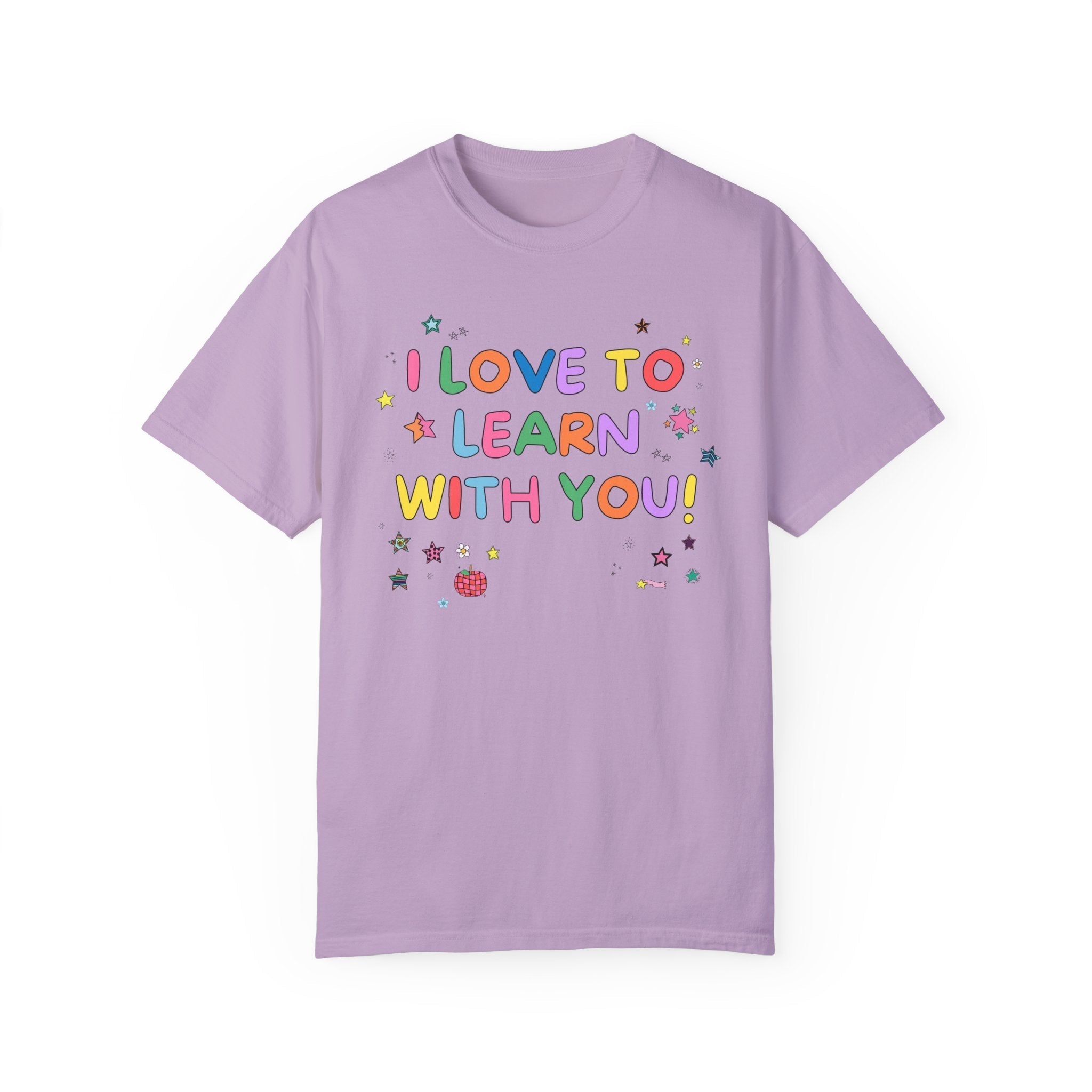 Cute Teacher Tee Shirt with Stars and Adorable Y2K Doodles: I Love to Learn With You! Colorful Kindergarten or First Grade Teacher T-Shirt - Opal and June