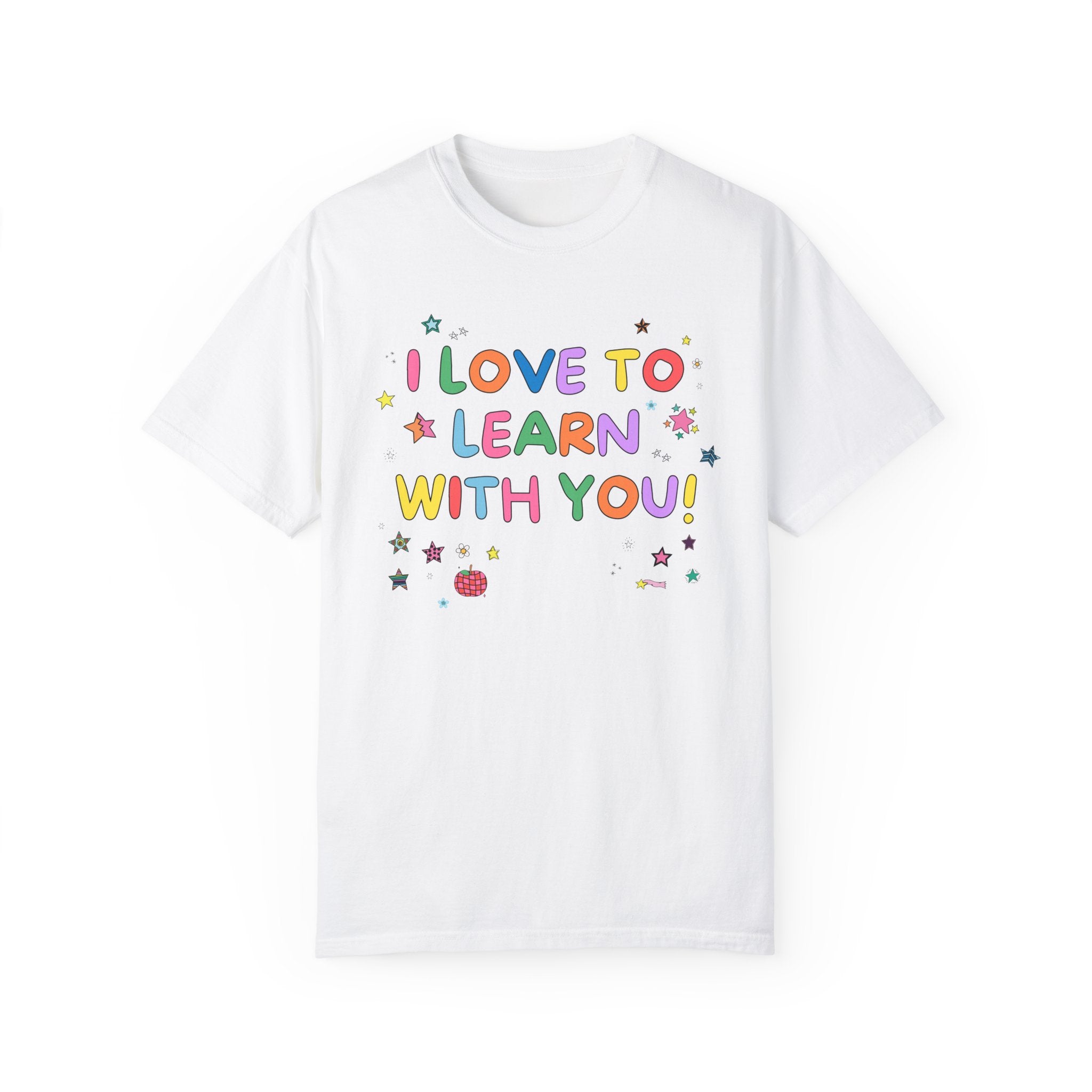 Cute Teacher Tee Shirt with Stars and Adorable Y2K Doodles: I Love to Learn With You! Colorful Kindergarten or First Grade Teacher T-Shirt - Opal and June