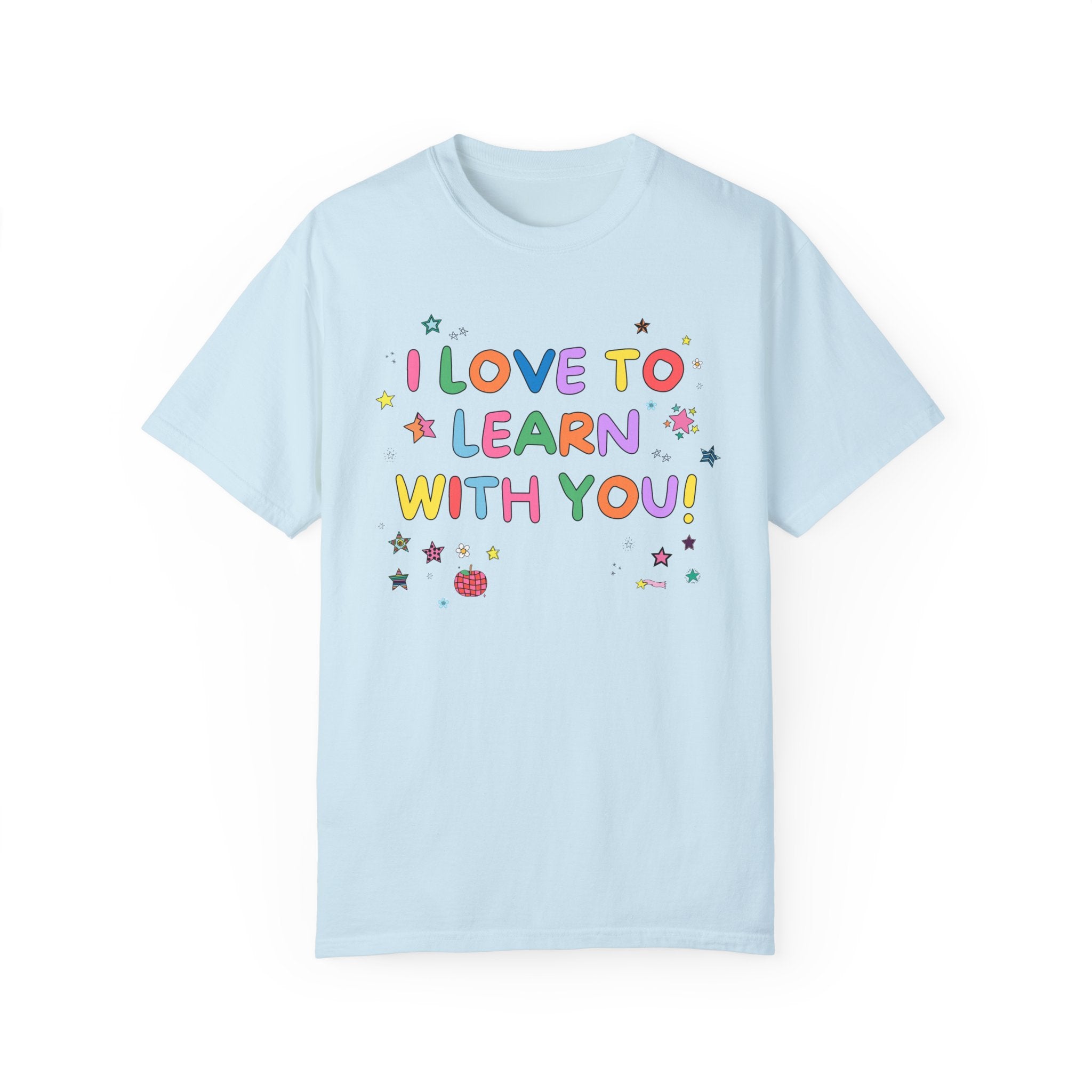 Cute Teacher Tee Shirt with Stars and Adorable Y2K Doodles: I Love to Learn With You! Colorful Kindergarten or First Grade Teacher T-Shirt - Opal and June
