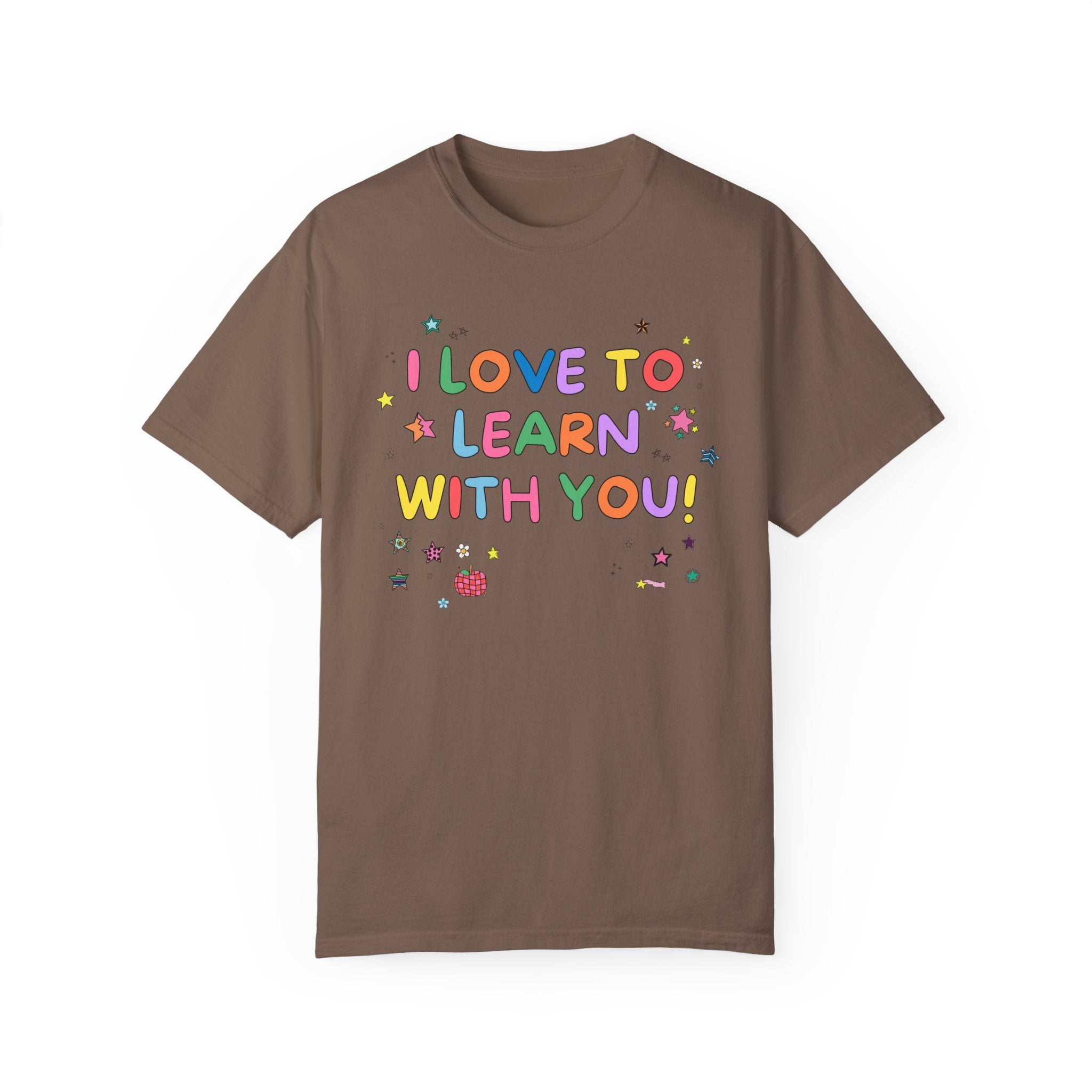 Cute Teacher Tee Shirt with Stars and Adorable Y2K Doodles: I Love to Learn With You! Colorful Kindergarten or First Grade Teacher T-Shirt - Opal and June