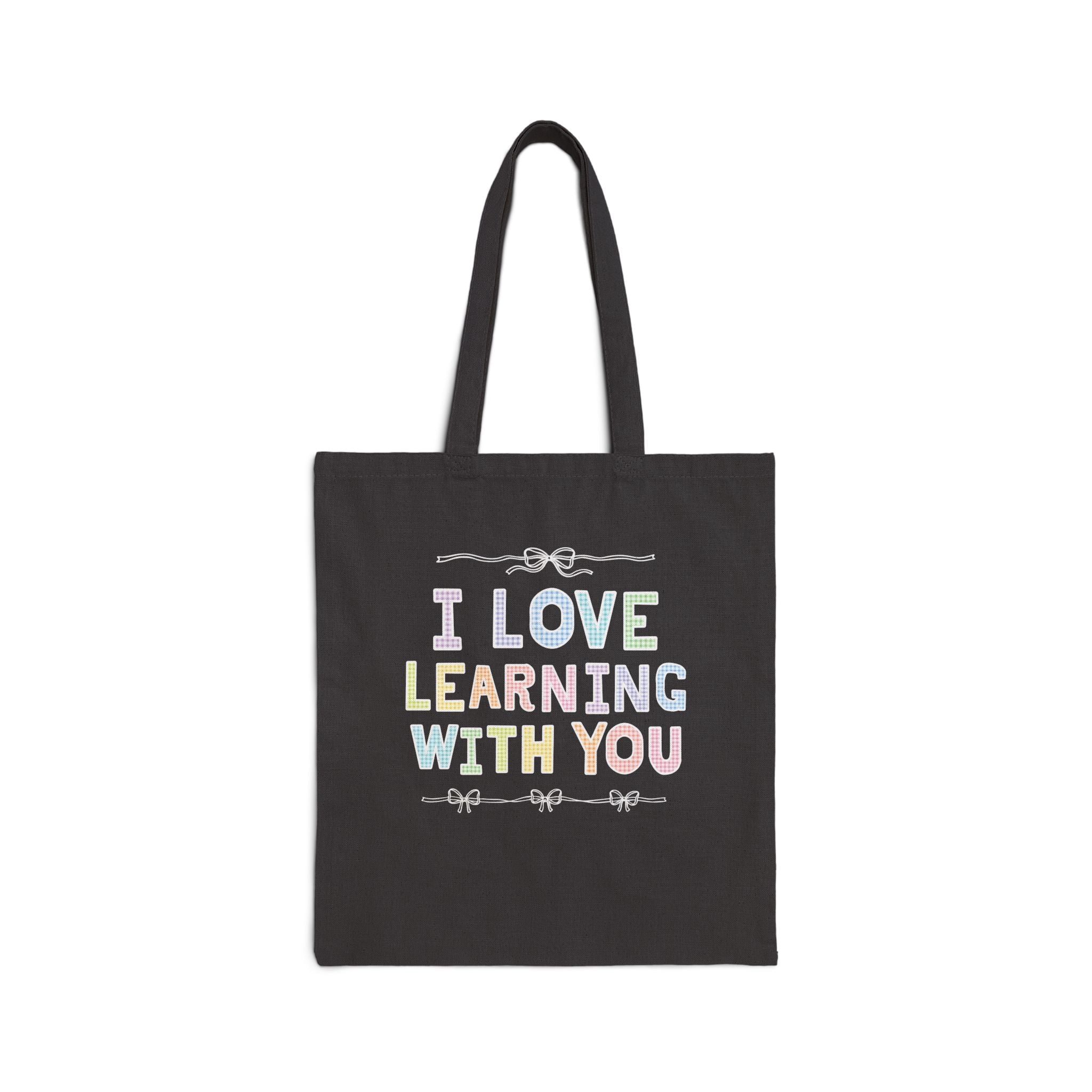 Cute Teacher Tote Bag with Funny Saying for Elementary School Teacher or Teaching Aide: I Love Learning With You! Colorful 90s Aesthetic - Opal and June