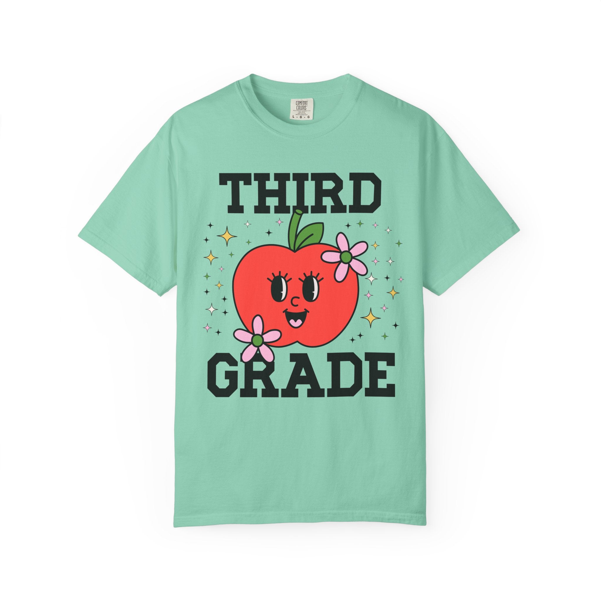 Cute Third Grade Teacher Tee Shirt with Adorable Retro Apple with Flowers, Teacher Team T-Shirt, Back to School or Meet the Teacher Night - Opal and June