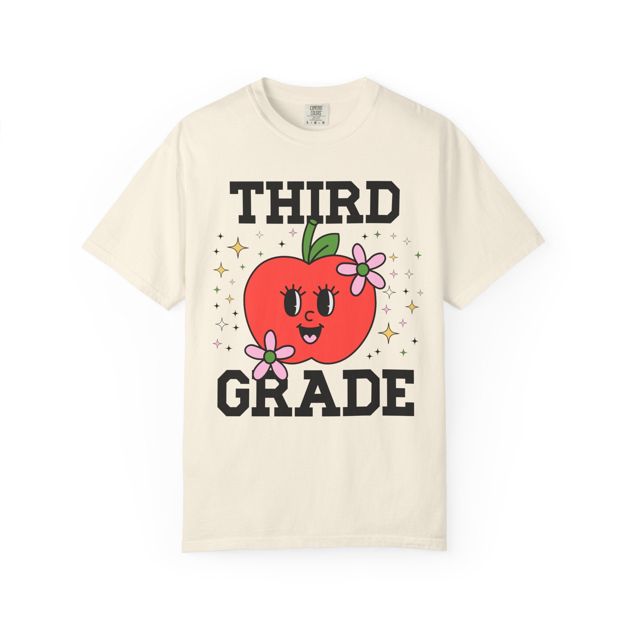 Cute Third Grade Teacher Tee Shirt with Adorable Retro Apple with Flowers, Teacher Team T-Shirt, Back to School or Meet the Teacher Night - Opal and June