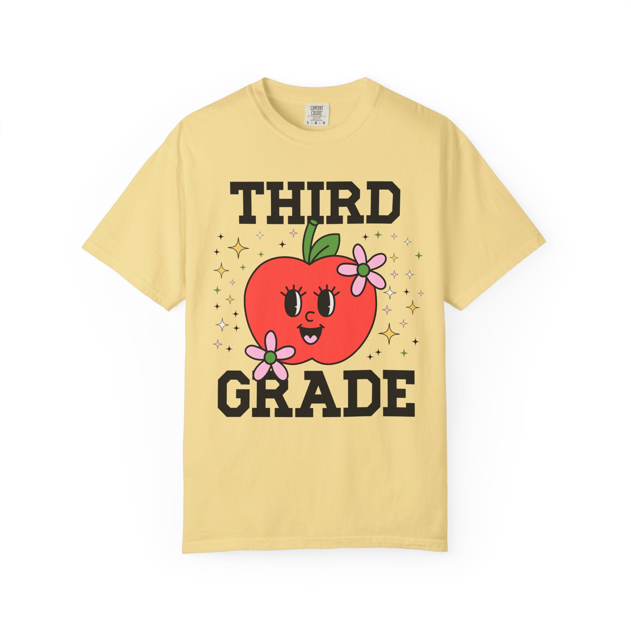 Cute Third Grade Teacher Tee Shirt with Adorable Retro Apple with Flowers, Teacher Team T-Shirt, Back to School or Meet the Teacher Night - Opal and June