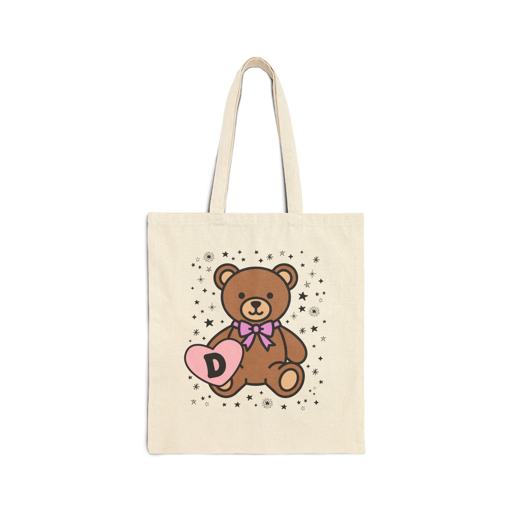 D: Bear Holding a Heart Tote Bag with Initial - Opal and June