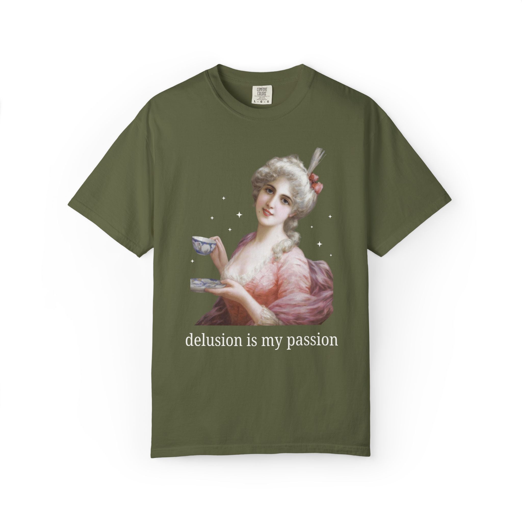 Delusion is My Passion: Funny At History T-Shirt with Stars for Friend Who Loves Tea, Silly Famous Painting Tee, Rococo Art History Gift - Opal and June