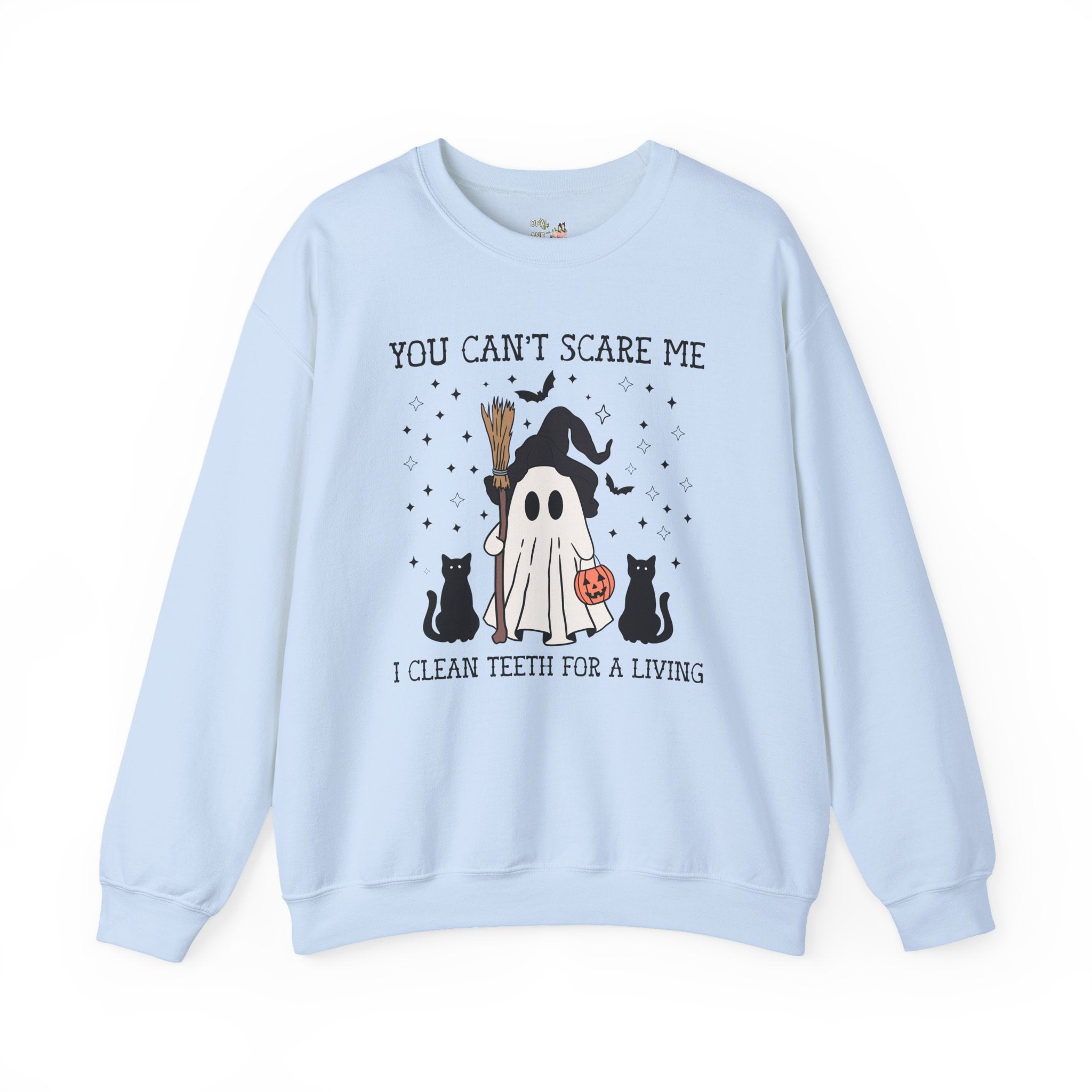 Dental Hygienist Halloween Sweatshirt for Dentist or Dental Assistant, Funny Saying Witchy Halloween Crewneck with Cute Retro Ghost and Cats - Opal and June