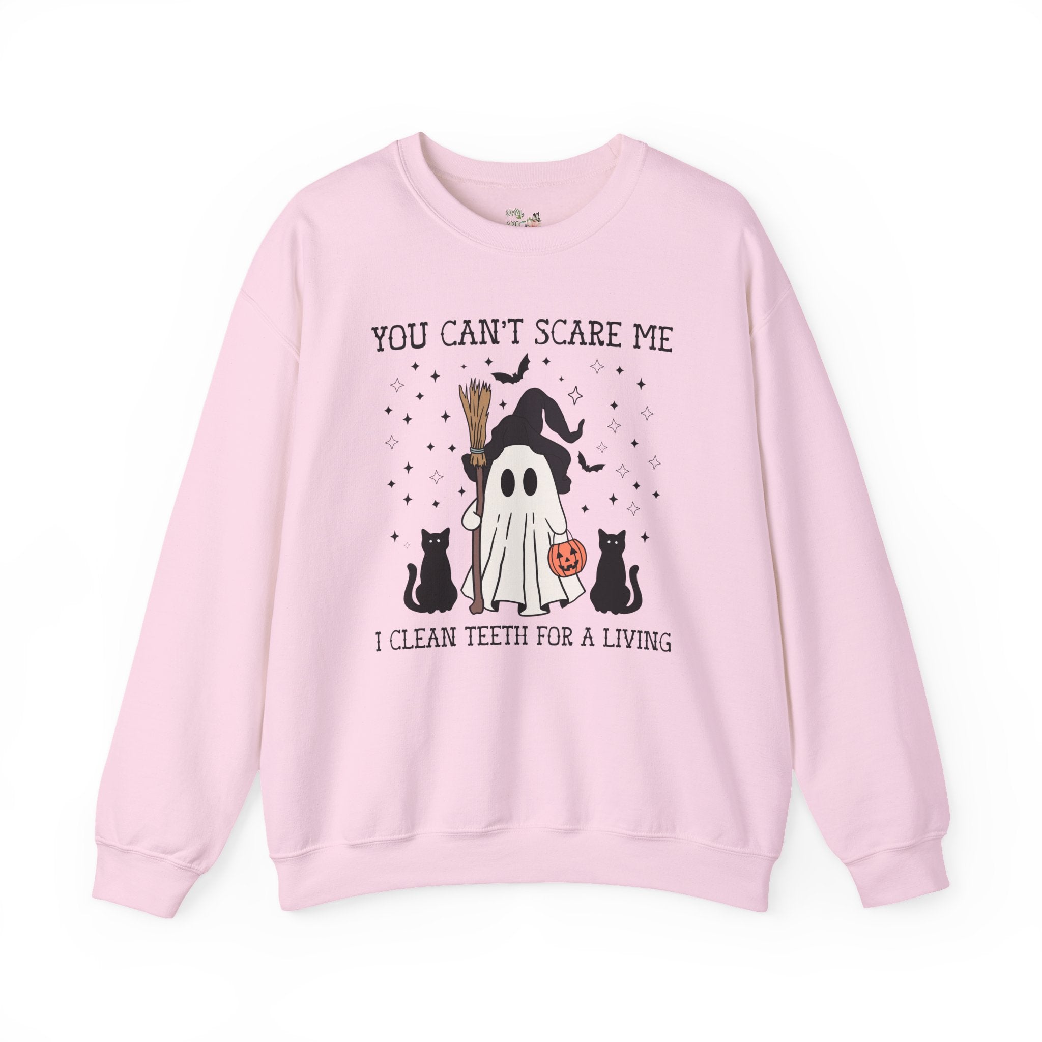 Dental Hygienist Halloween Sweatshirt for Dentist or Dental Assistant, Funny Saying Witchy Halloween Crewneck with Cute Retro Ghost and Cats - Opal and June