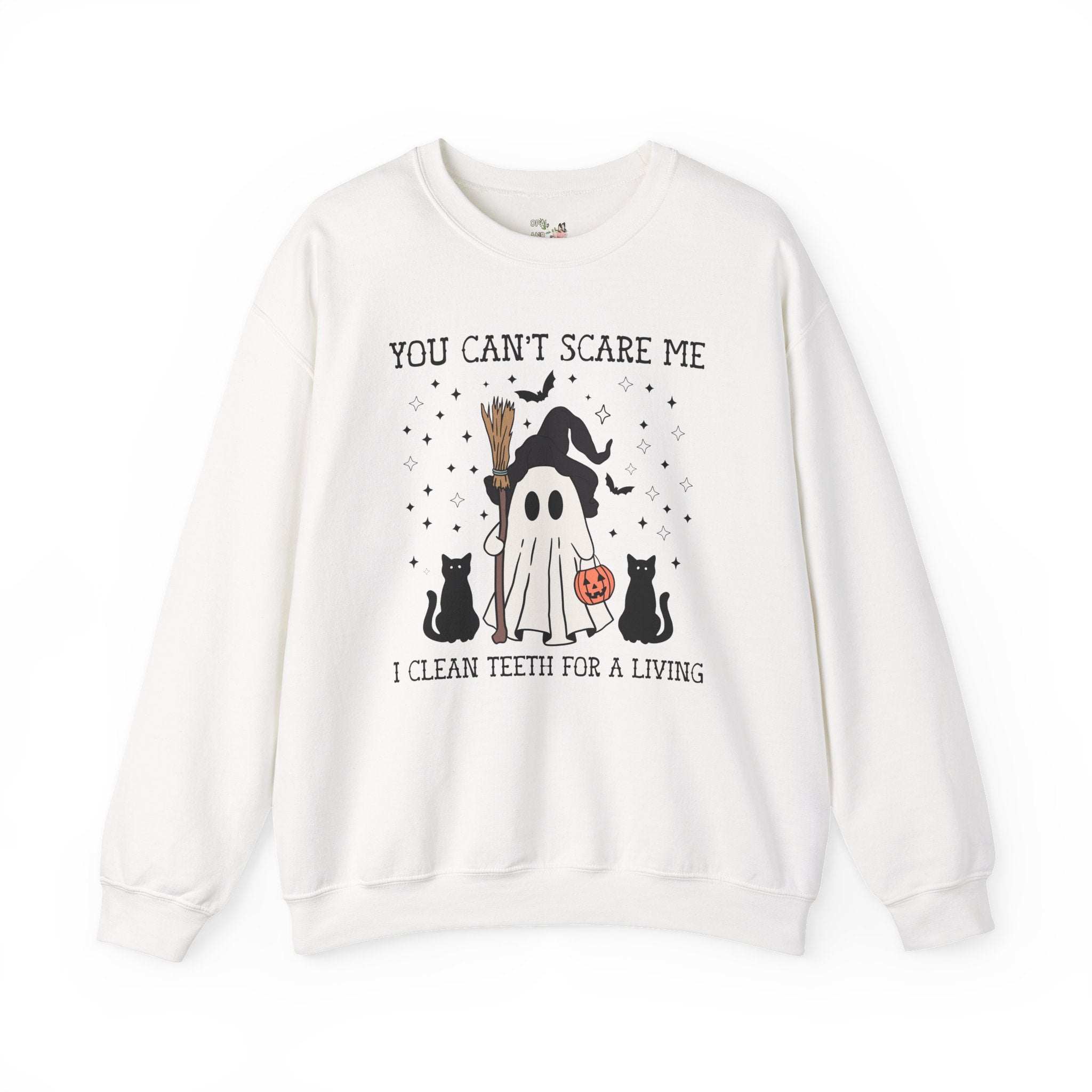 Dental Hygienist Halloween Sweatshirt for Dentist or Dental Assistant, Funny Saying Witchy Halloween Crewneck with Cute Retro Ghost and Cats - Opal and June