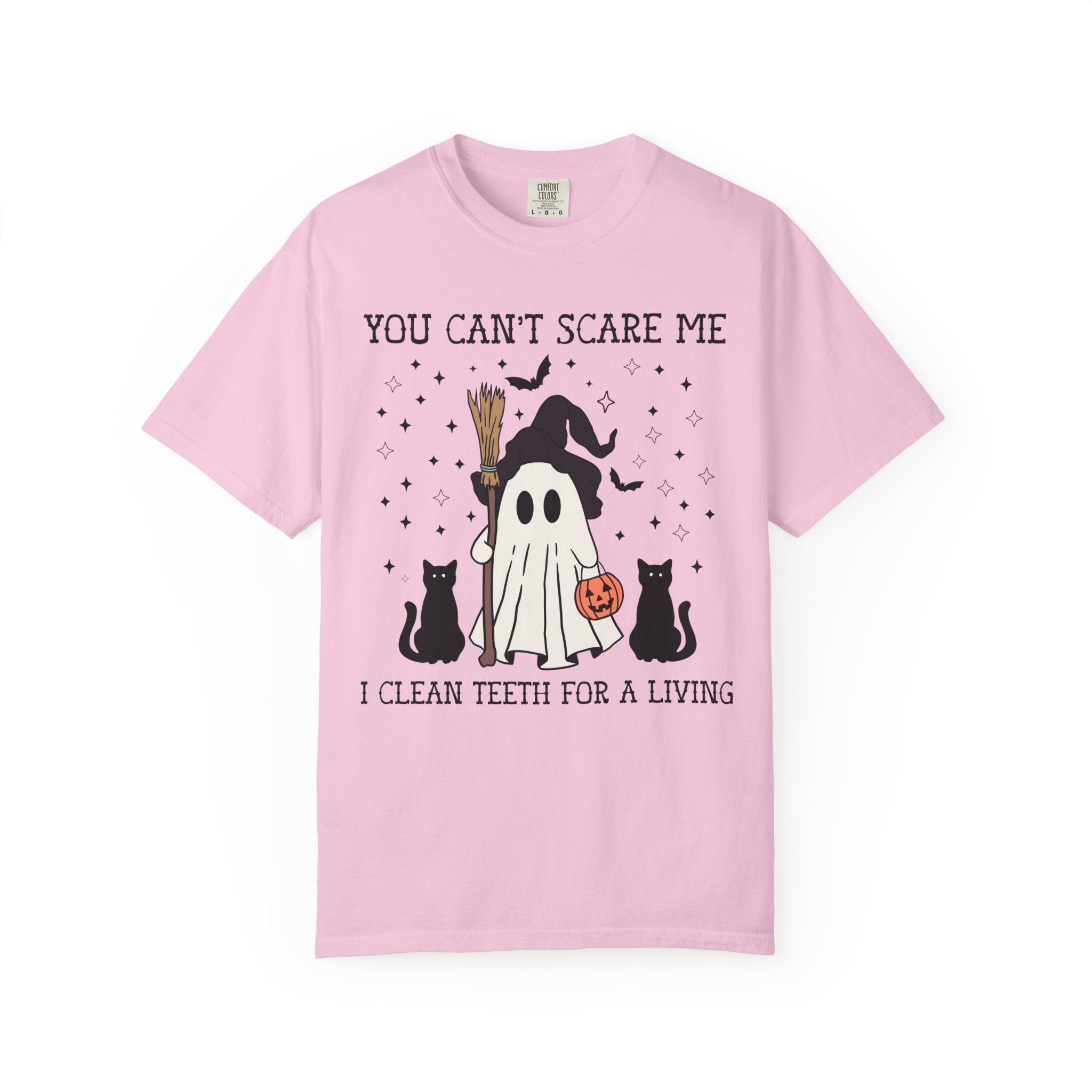 Dental Hygienist Halloween Tee Shirt for Dentist or Dental Assistant, Funny Saying Witchy Halloween T-Shirt with Cute Retro Ghost and Cats - Opal and June