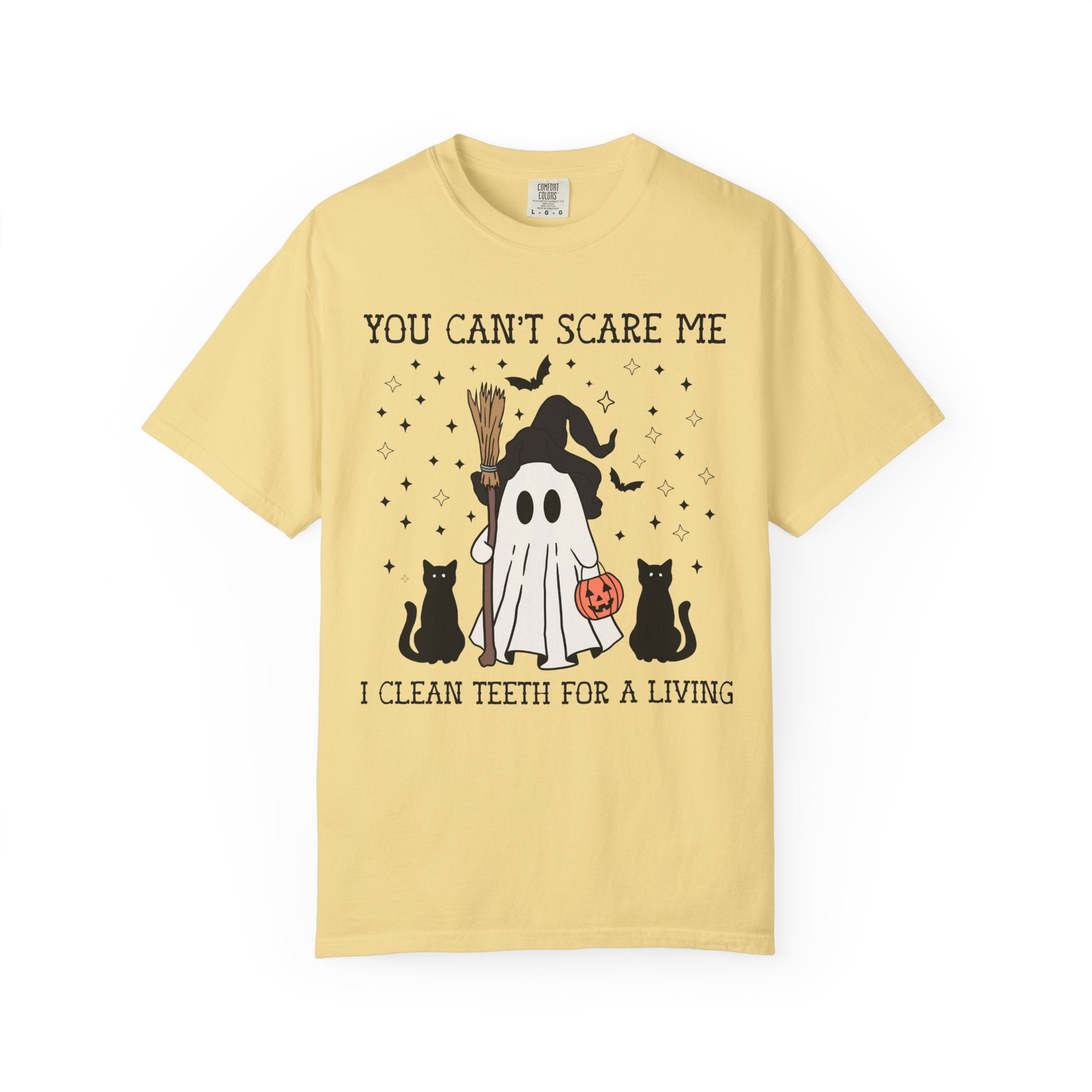 Dental Hygienist Halloween Tee Shirt for Dentist or Dental Assistant, Funny Saying Witchy Halloween T-Shirt with Cute Retro Ghost and Cats - Opal and June