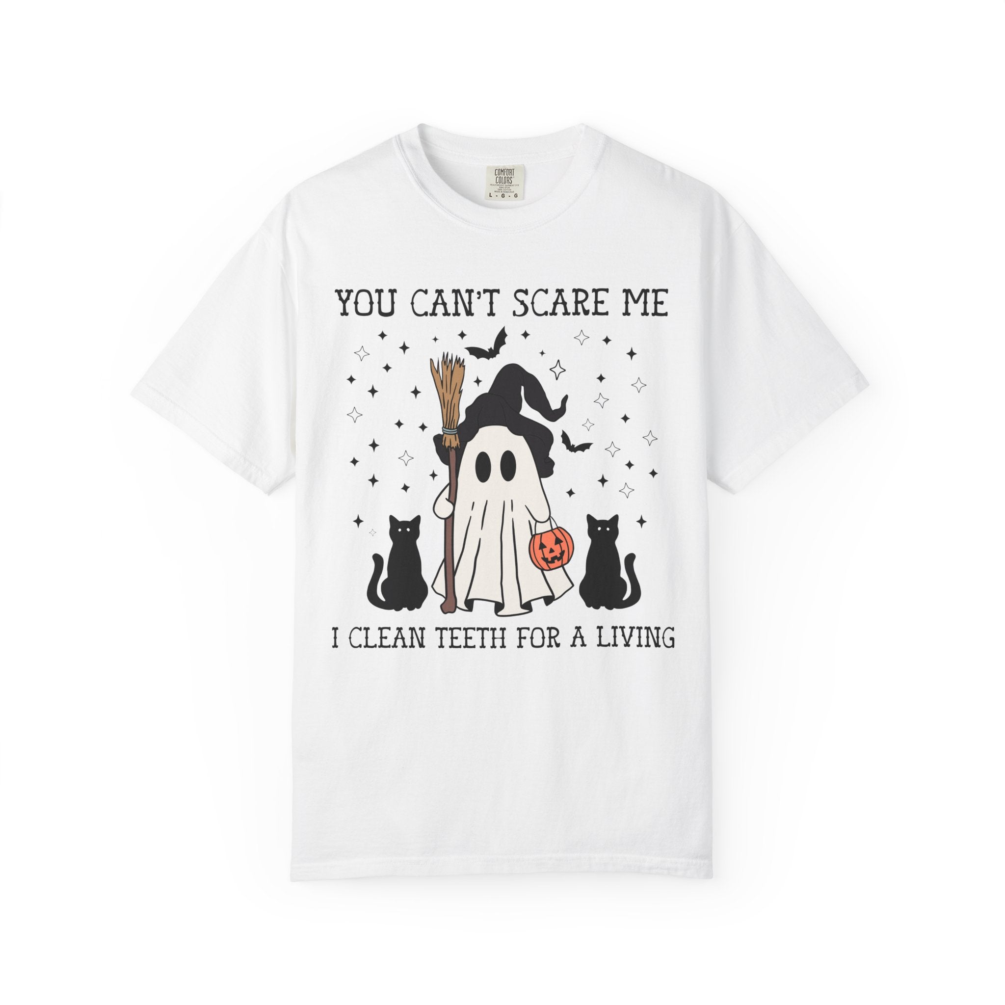 Dental Hygienist Halloween Tee Shirt for Dentist or Dental Assistant, Funny Saying Witchy Halloween T-Shirt with Cute Retro Ghost and Cats - Opal and June