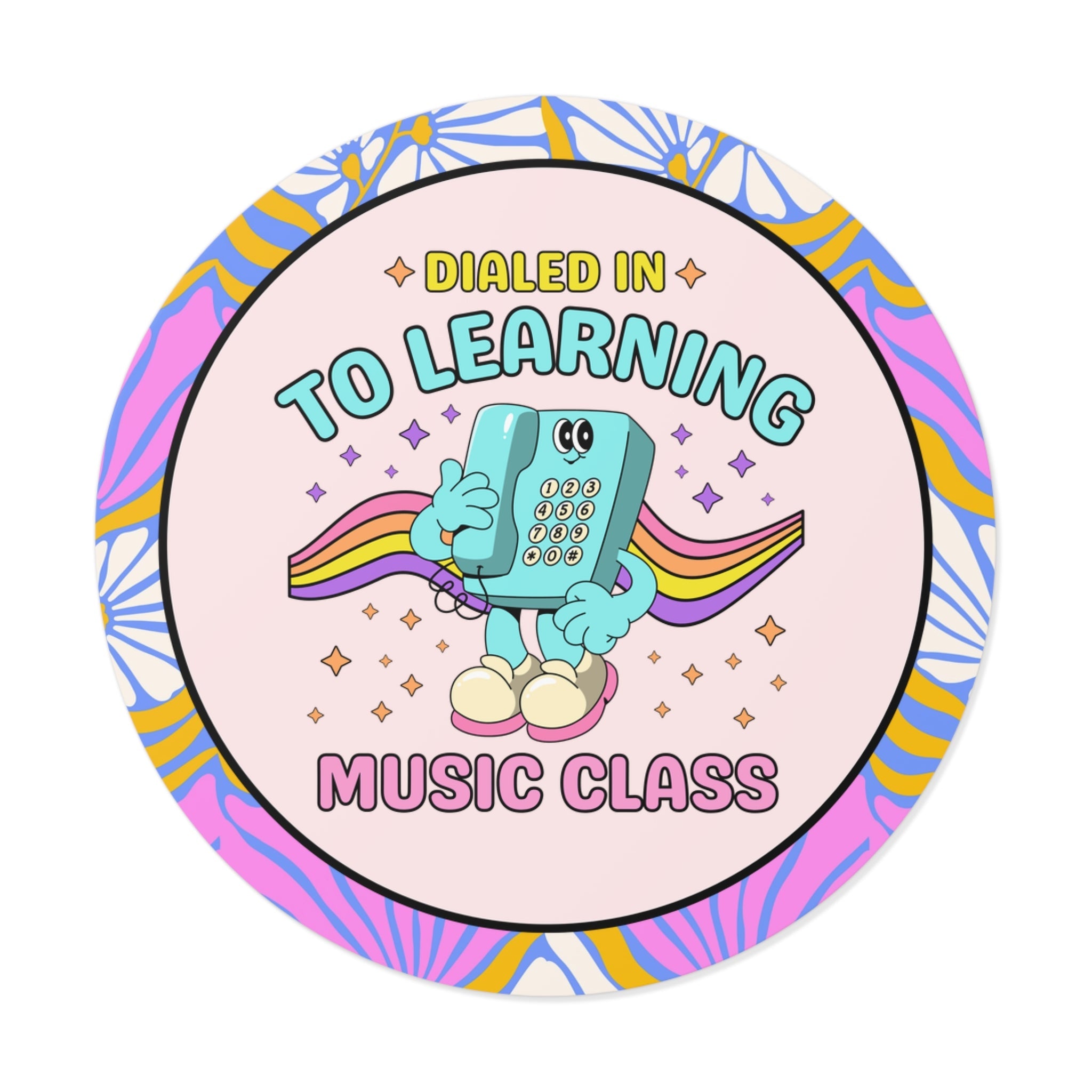 Dialed Into Learning: Music Class | Sticker for Music Major or Elementary Music Teacher, Retro 70s Aesthetic Sticker with Rainbow - Opal and June