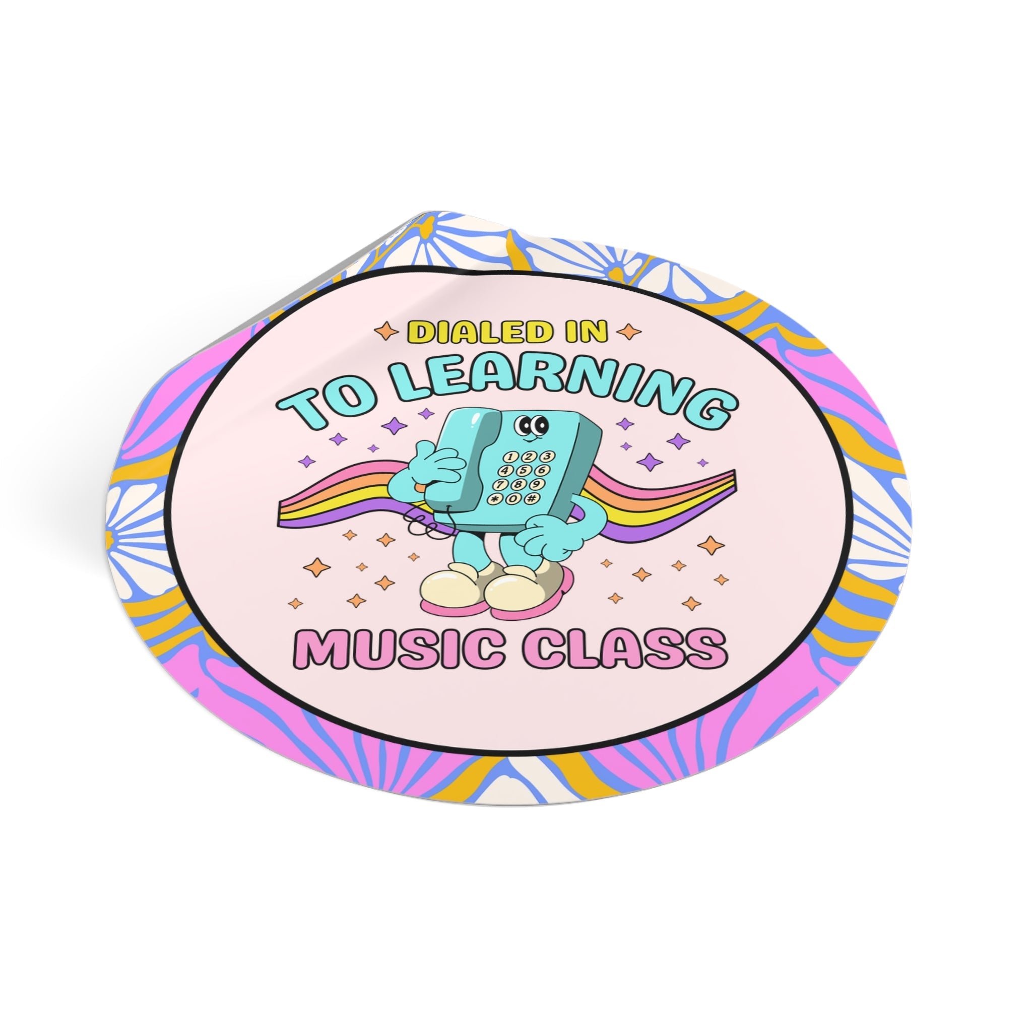 Dialed Into Learning: Music Class | Sticker for Music Major or Elementary Music Teacher, Retro 70s Aesthetic Sticker with Rainbow - Opal and June