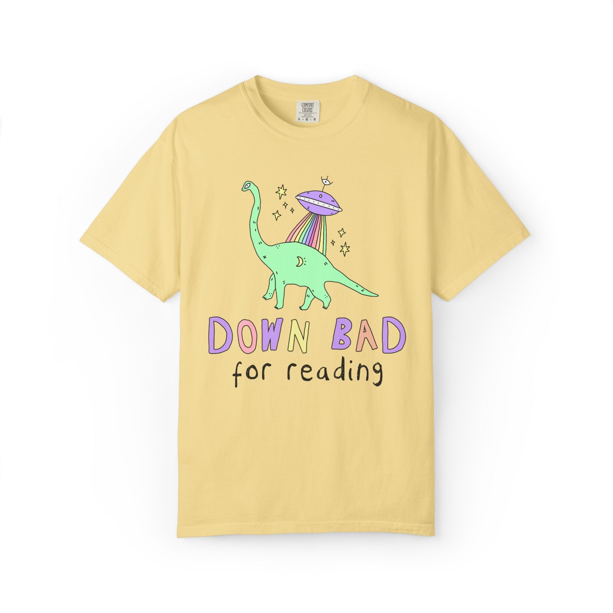 Dinosaur Bookish Tee Shirt with Rainbow UFO: Down Bad for Reading, Silly Dreamcore Book Lover or Librarian Tee Shirt for Mom Who Loves Books - Opal and June