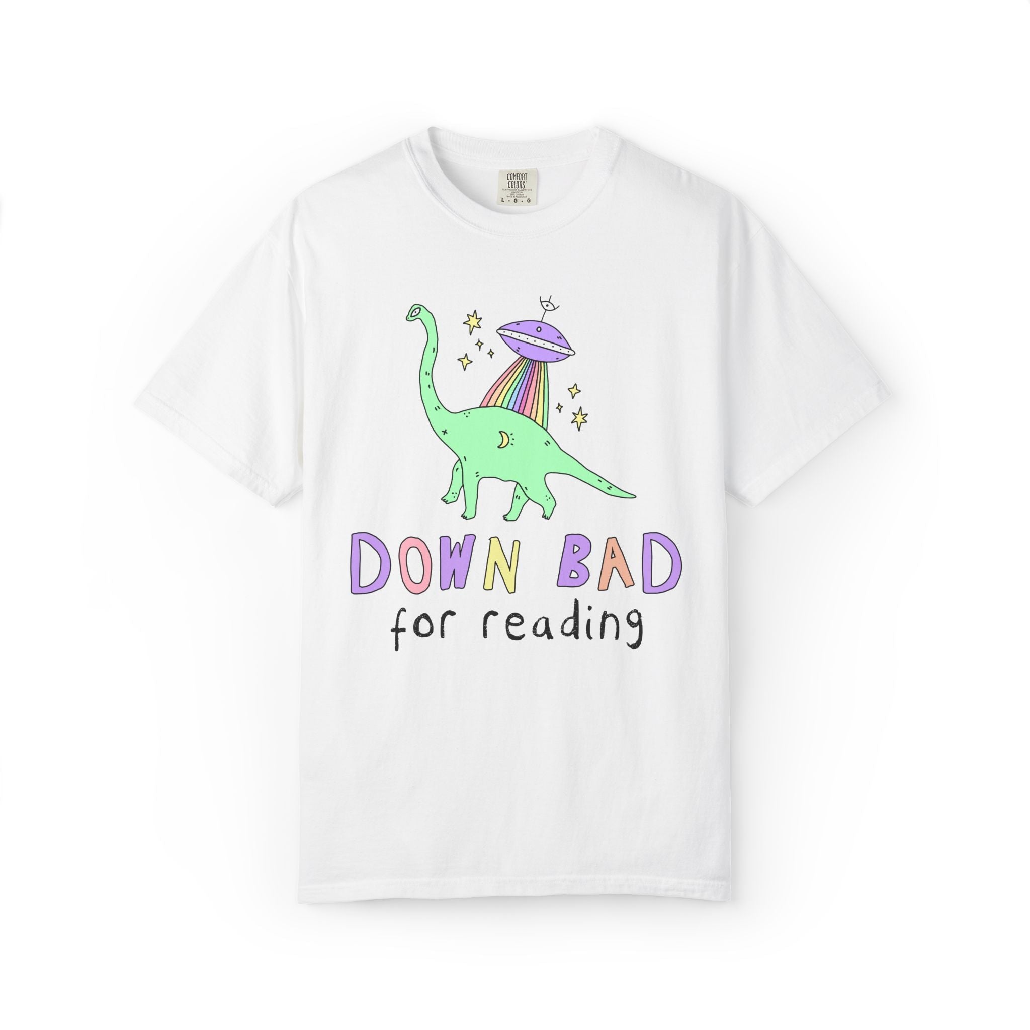 Dinosaur Bookish Tee Shirt with Rainbow UFO: Down Bad for Reading, Silly Dreamcore Book Lover or Librarian Tee Shirt for Mom Who Loves Books - Opal and June