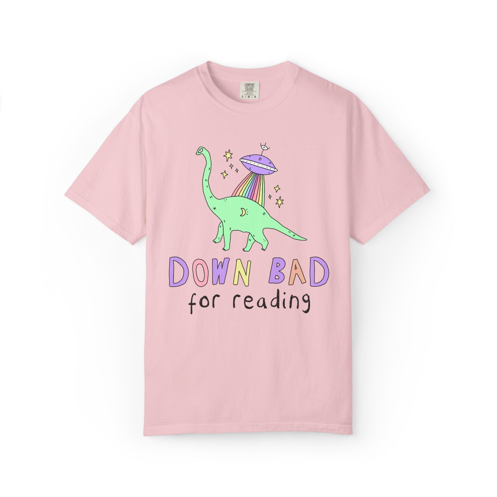 Dinosaur Bookish Tee Shirt with Rainbow UFO: Down Bad for Reading, Silly Dreamcore Book Lover or Librarian Tee Shirt for Mom Who Loves Books - Opal and June