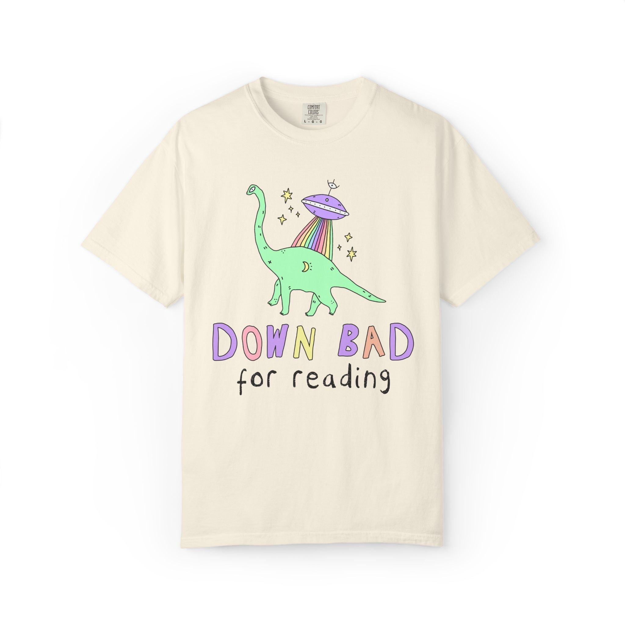 Dinosaur Bookish Tee Shirt with Rainbow UFO: Down Bad for Reading, Silly Dreamcore Book Lover or Librarian Tee Shirt for Mom Who Loves Books - Opal and June
