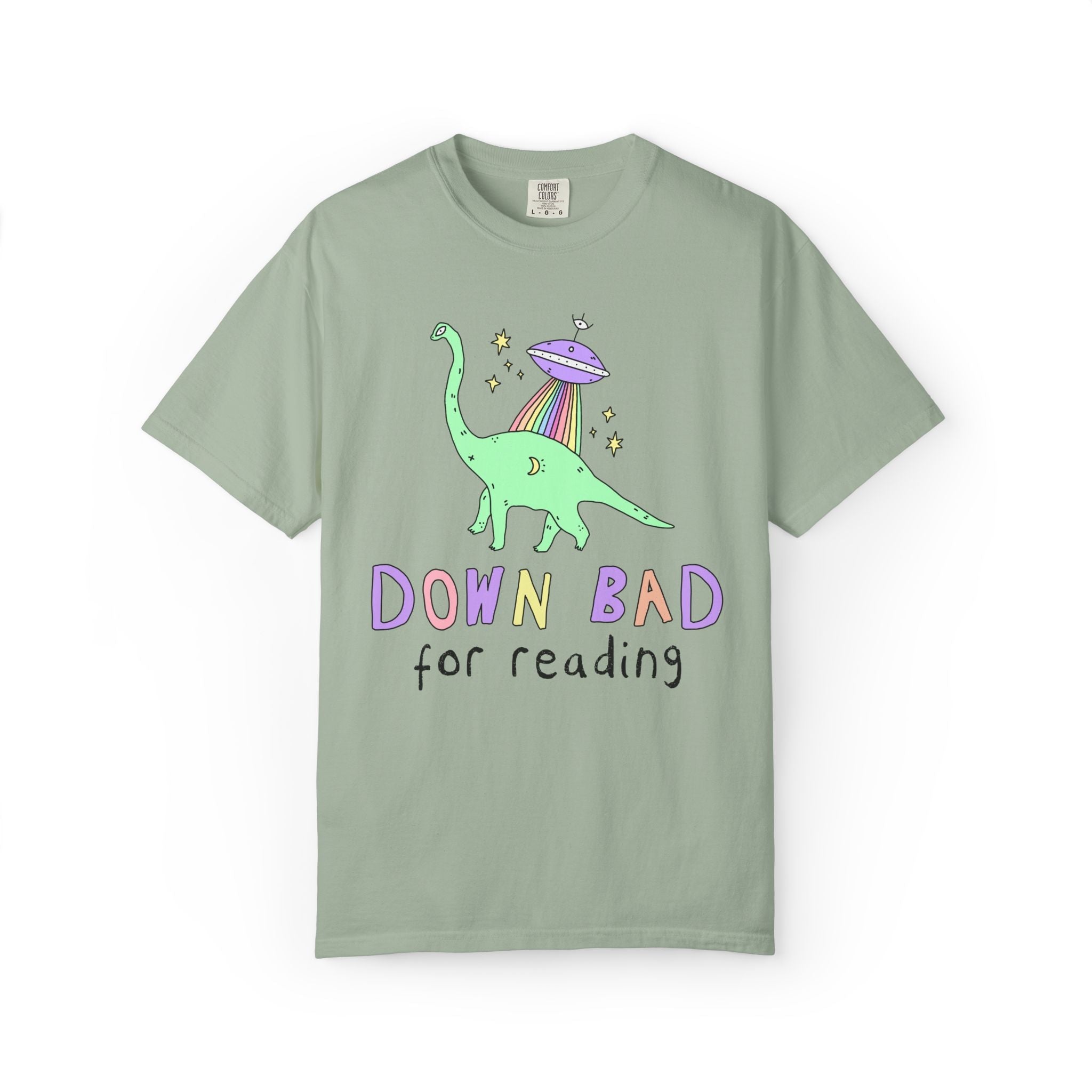 Dinosaur Bookish Tee Shirt with Rainbow UFO: Down Bad for Reading, Silly Dreamcore Book Lover or Librarian Tee Shirt for Mom Who Loves Books - Opal and June