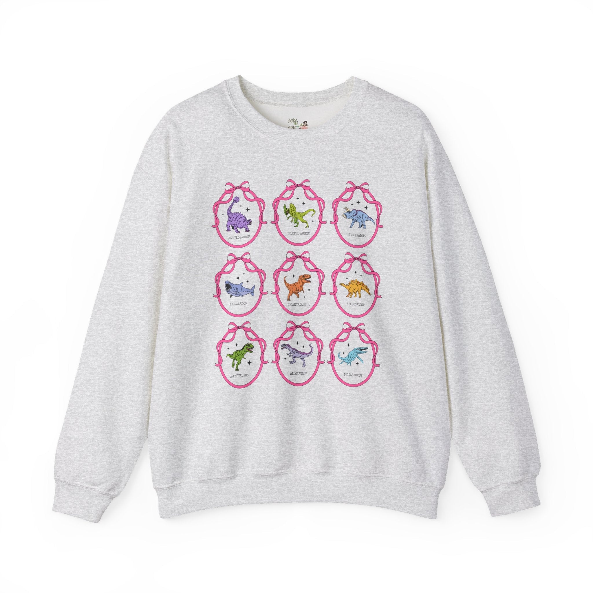 Dinosaur Lover Sweatshirt with Cute Coquette Ribbons and Retro Aesthetic Stars, Cute Birthday Gift, Cozy Animal Lover Paleontologist Shirt - Opal and June
