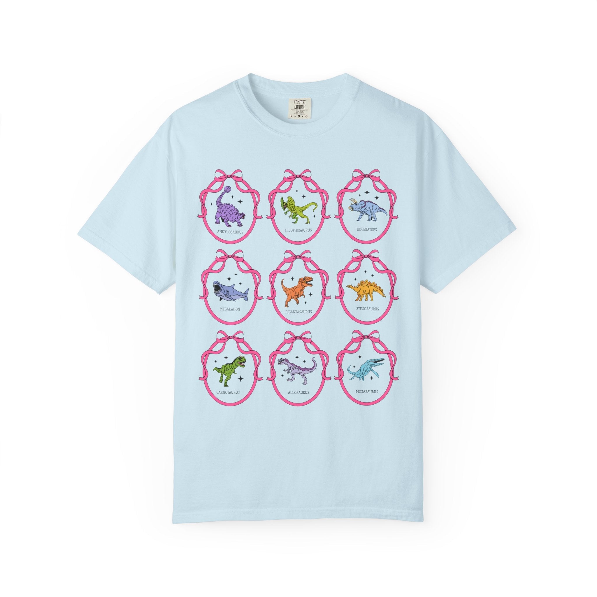Dinosaur Lover Tee Shirt with Cute Coquette Ribbons and Retro Aesthetic Stars, Cute Birthday Gift, Cozy Animal Lover Paleontologist Tee - Opal and June