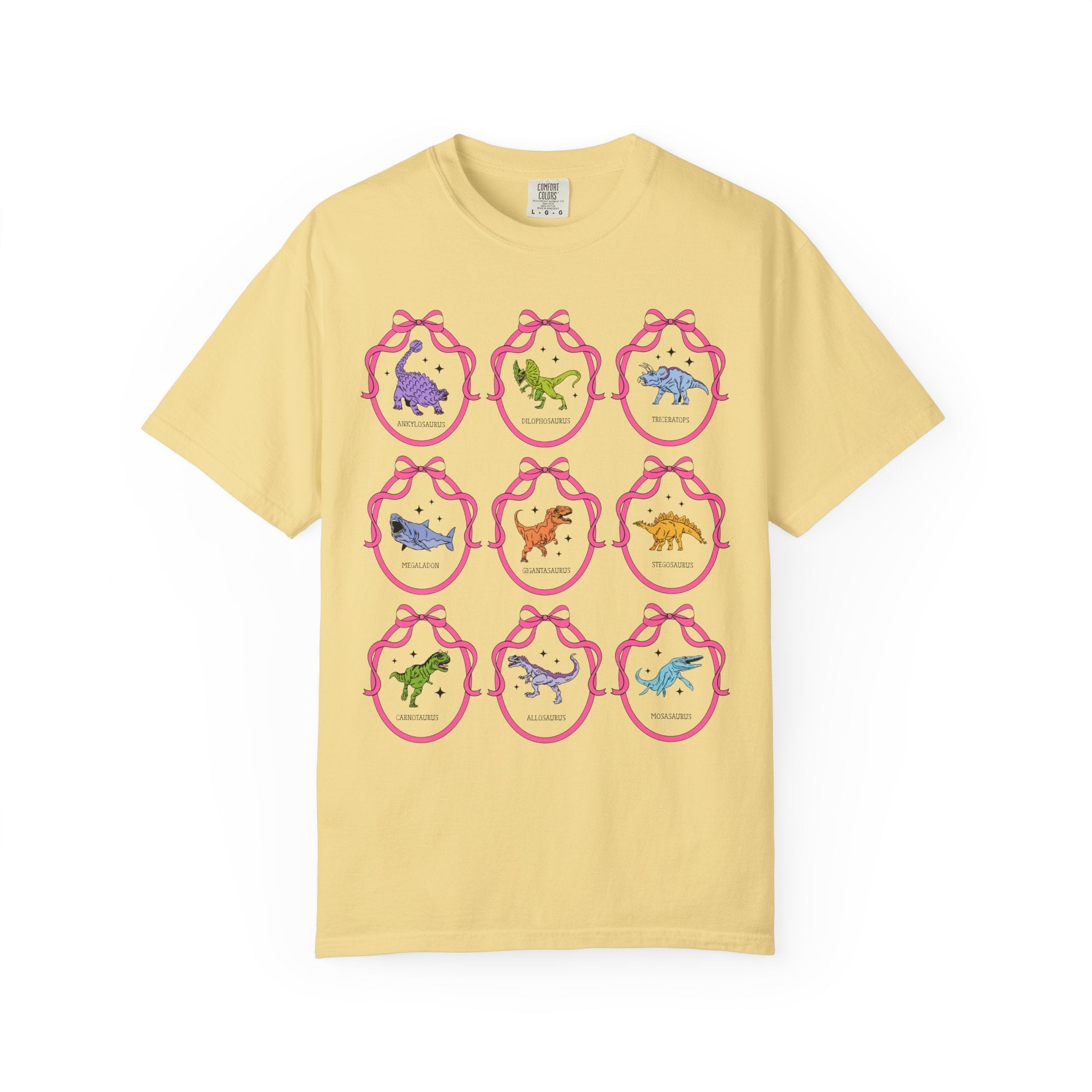 Dinosaur Lover Tee Shirt with Cute Coquette Ribbons and Retro Aesthetic Stars, Cute Birthday Gift, Cozy Animal Lover Paleontologist Tee - Opal and June