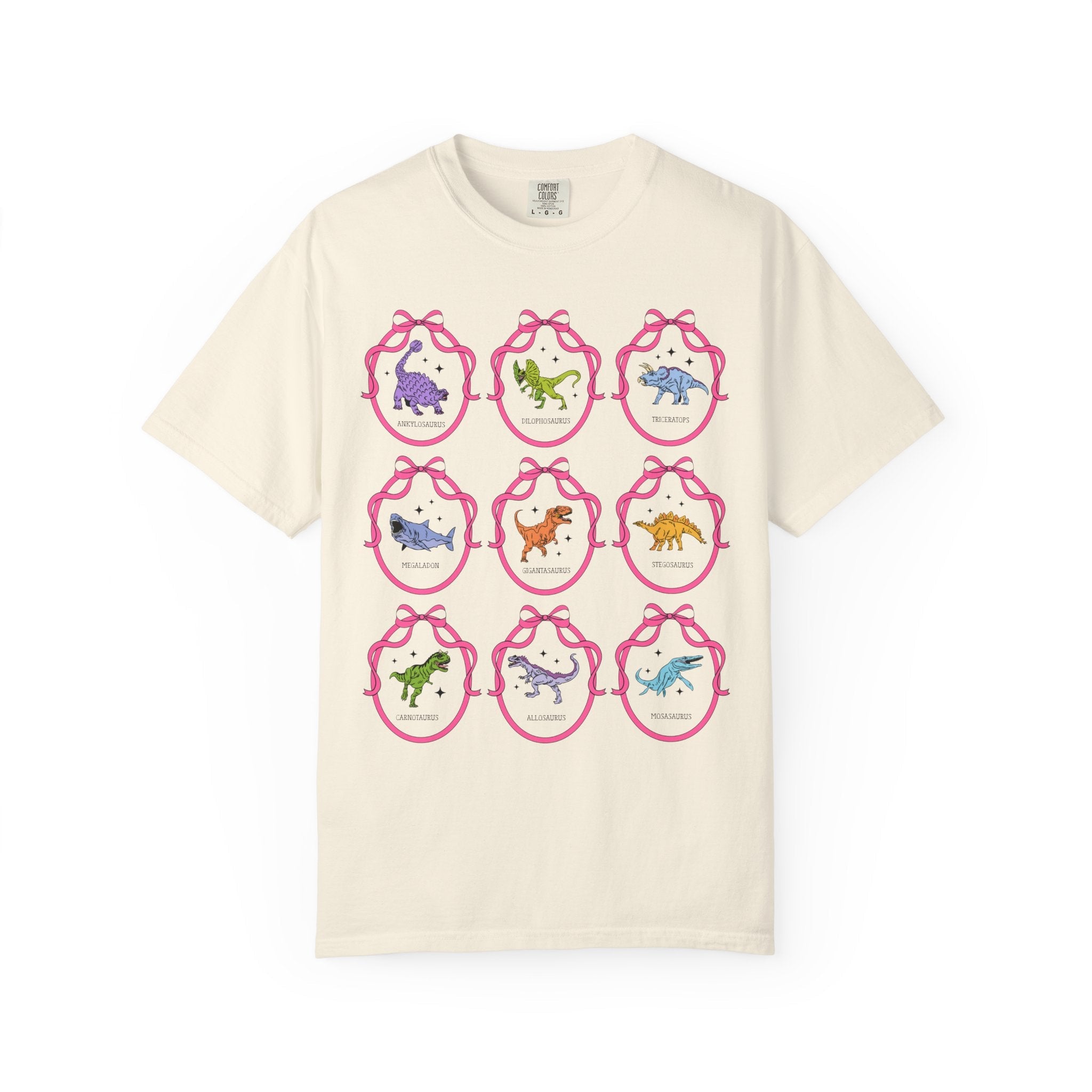 Dinosaur Lover Tee Shirt with Cute Coquette Ribbons and Retro Aesthetic Stars, Cute Birthday Gift, Cozy Animal Lover Paleontologist Tee - Opal and June
