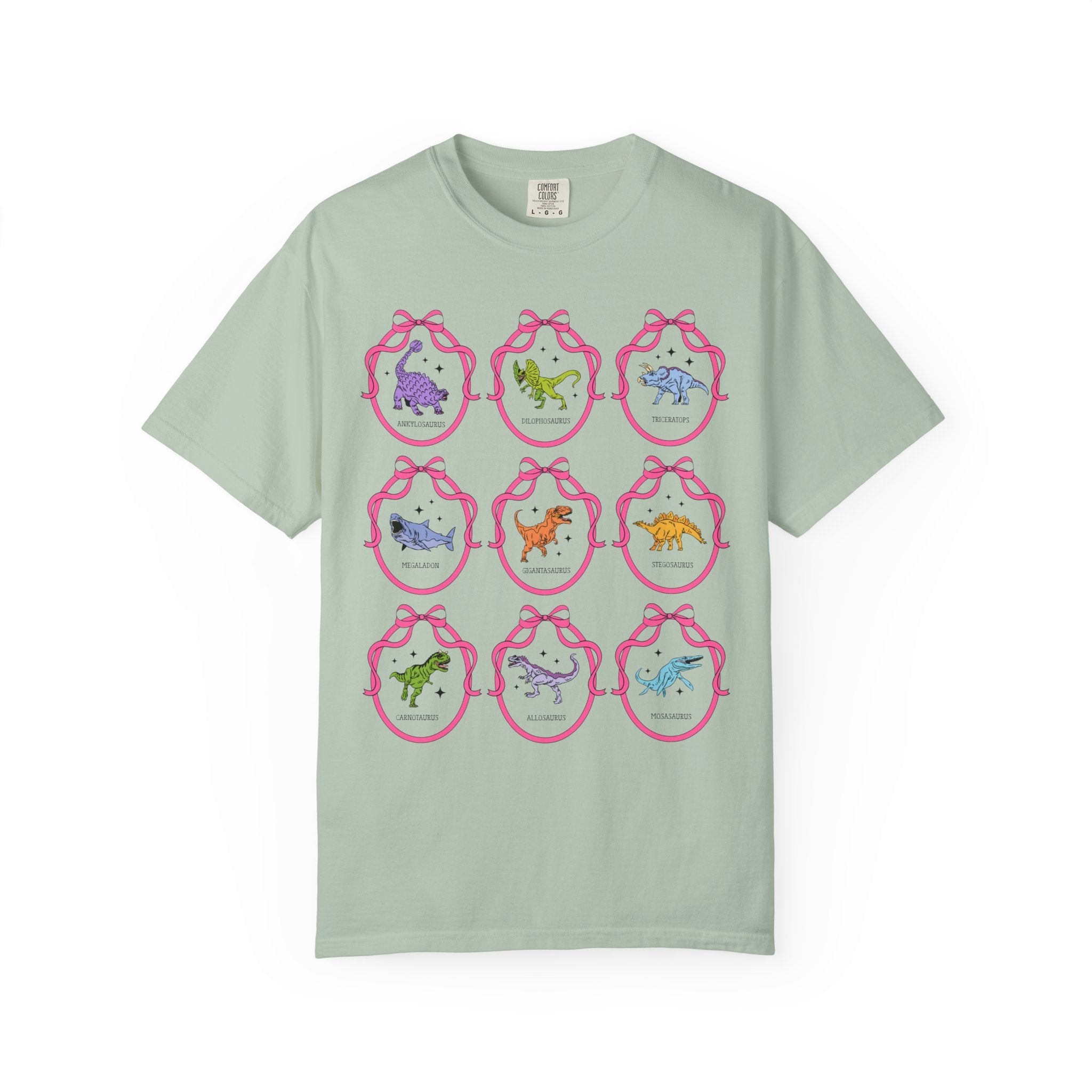 Dinosaur Lover Tee Shirt with Cute Coquette Ribbons and Retro Aesthetic Stars, Cute Birthday Gift, Cozy Animal Lover Paleontologist Tee - Opal and June