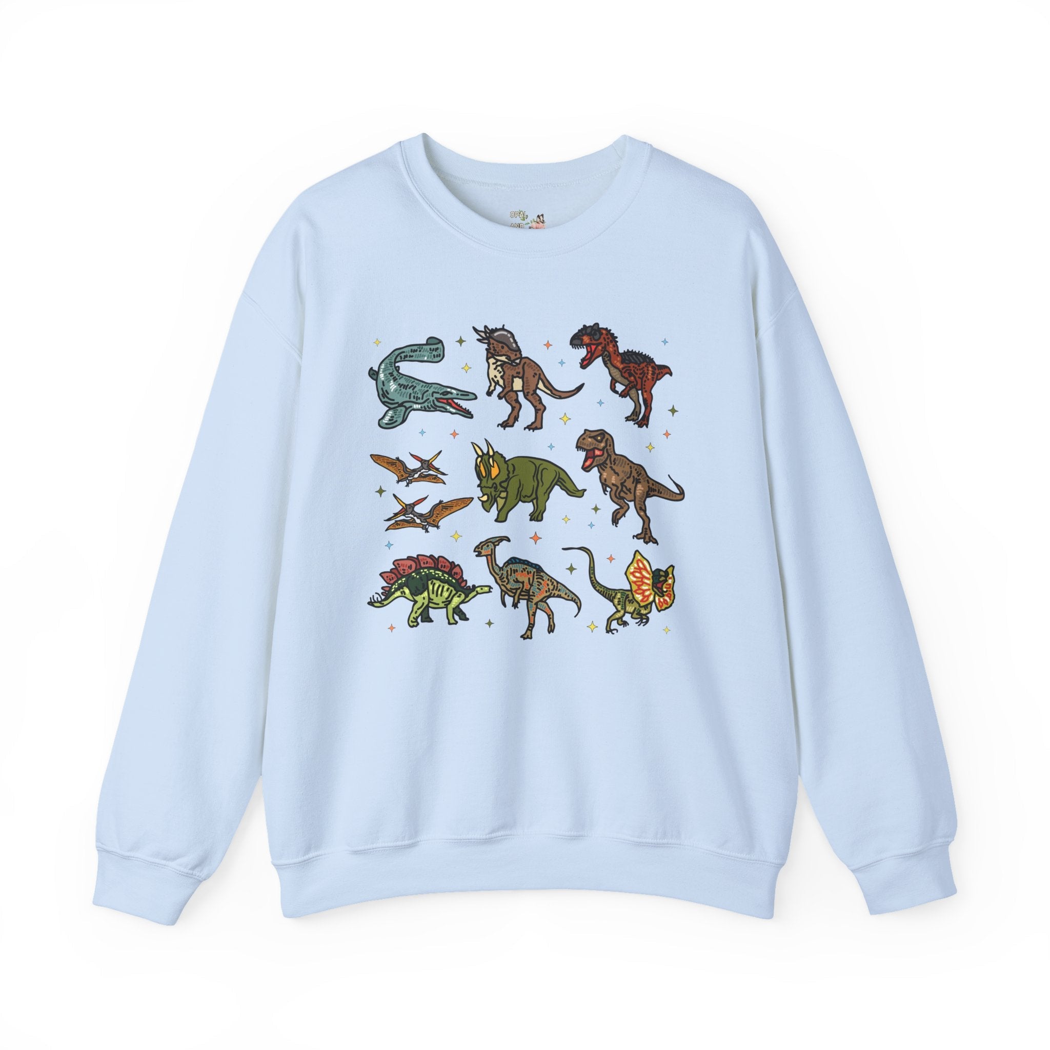 Doodle Dinosaur Sweatshirt with Stars | Shirt for Dinosaur Lovers of All Ages with Cute Retro Aesthetic Stars, 90s Vibe, Cute Birthday Gift - Opal and June