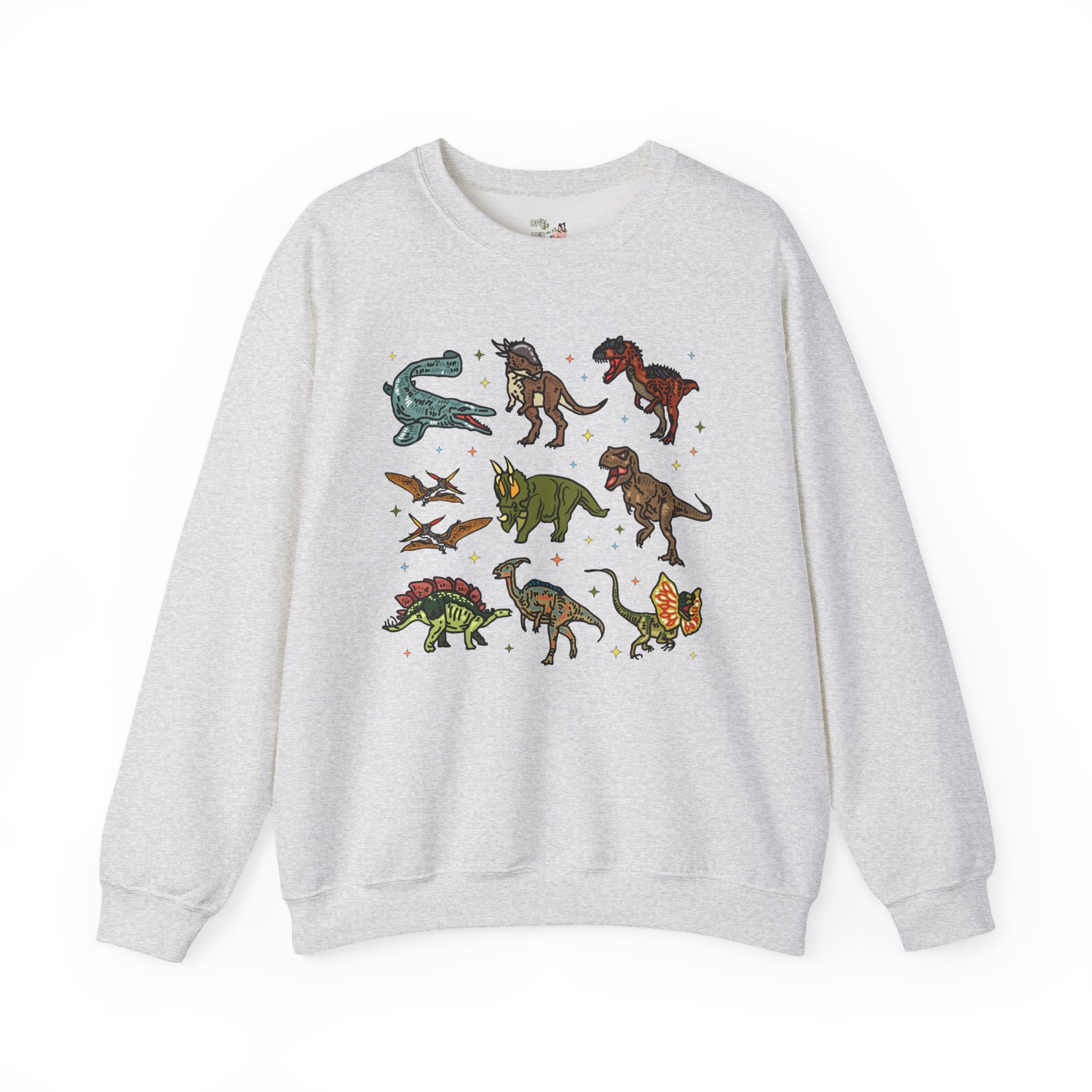 Doodle Dinosaur Sweatshirt with Stars | Shirt for Dinosaur Lovers of All Ages with Cute Retro Aesthetic Stars, 90s Vibe, Cute Birthday Gift - Opal and June
