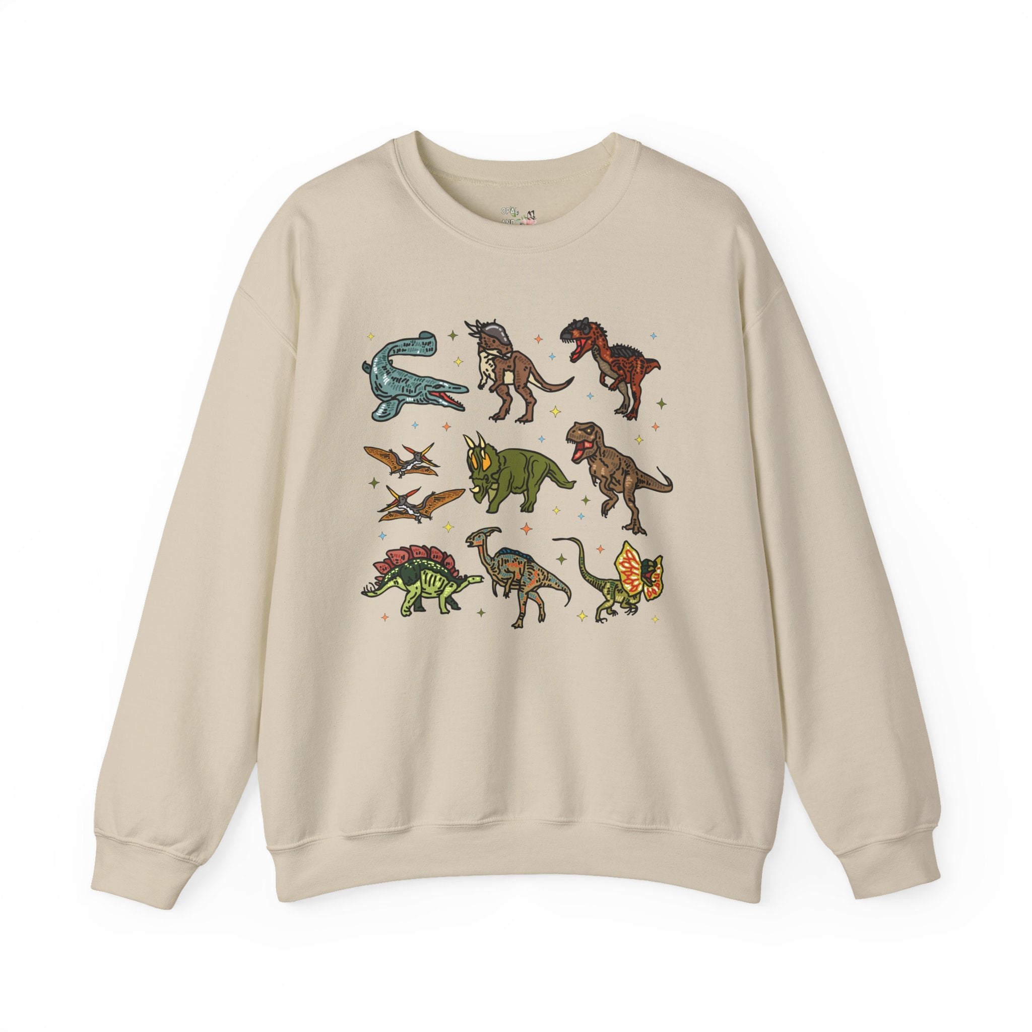 Doodle Dinosaur Sweatshirt with Stars | Shirt for Dinosaur Lovers of All Ages with Cute Retro Aesthetic Stars, 90s Vibe, Cute Birthday Gift - Opal and June