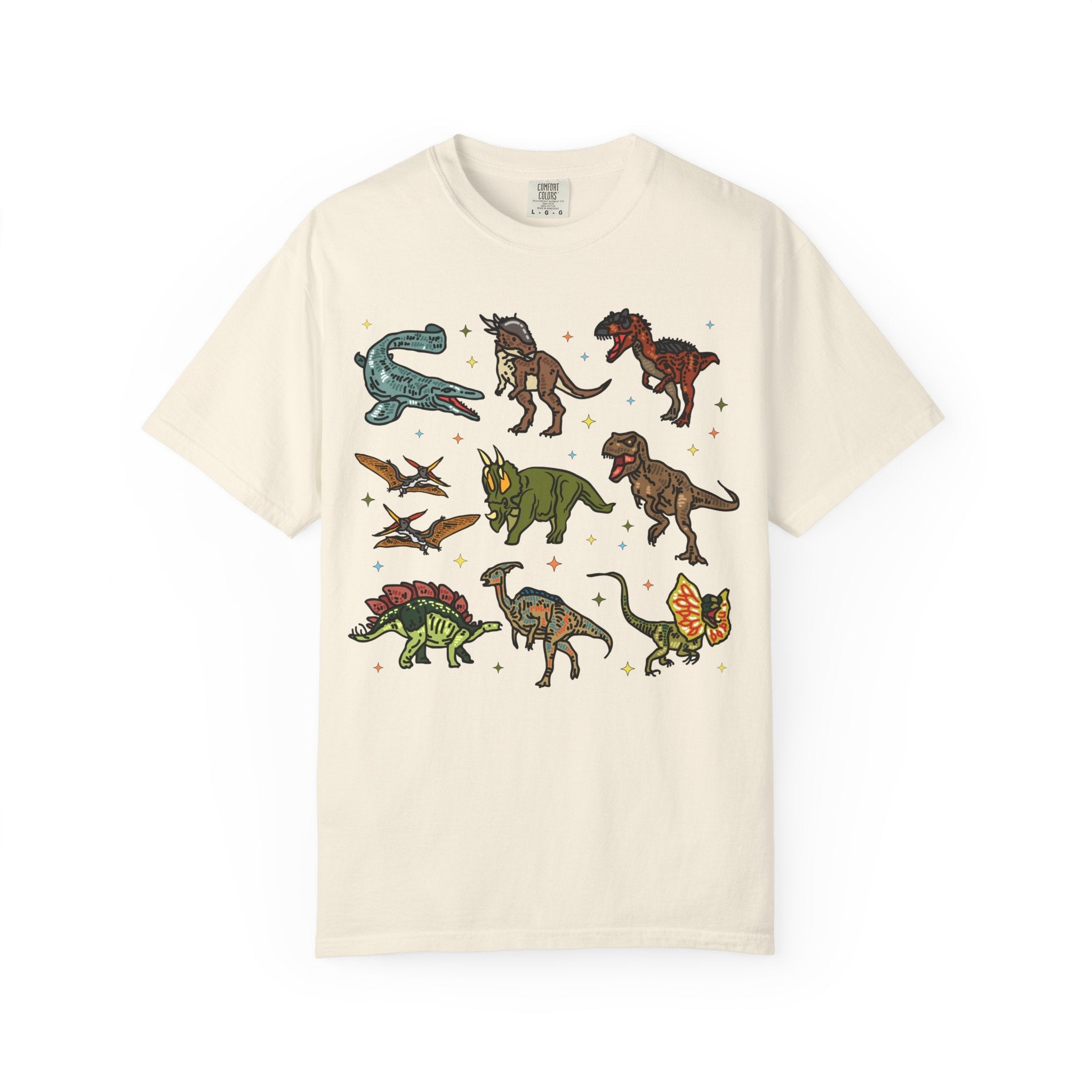 Doodle Dinosaur Tee Shirt with Stars in Comfort Colors | Shirt for Dinosaur Lovers of All Ages with Cute Retro Aesthetic Stars, 90s Vibe - Opal and June