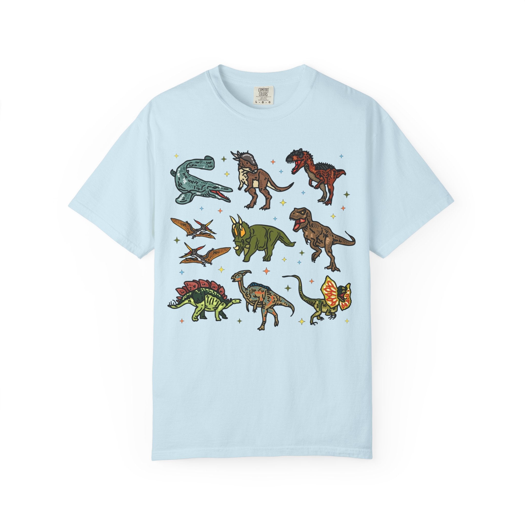 Doodle Dinosaur Tee Shirt with Stars in Comfort Colors | Shirt for Dinosaur Lovers of All Ages with Cute Retro Aesthetic Stars, 90s Vibe - Opal and June
