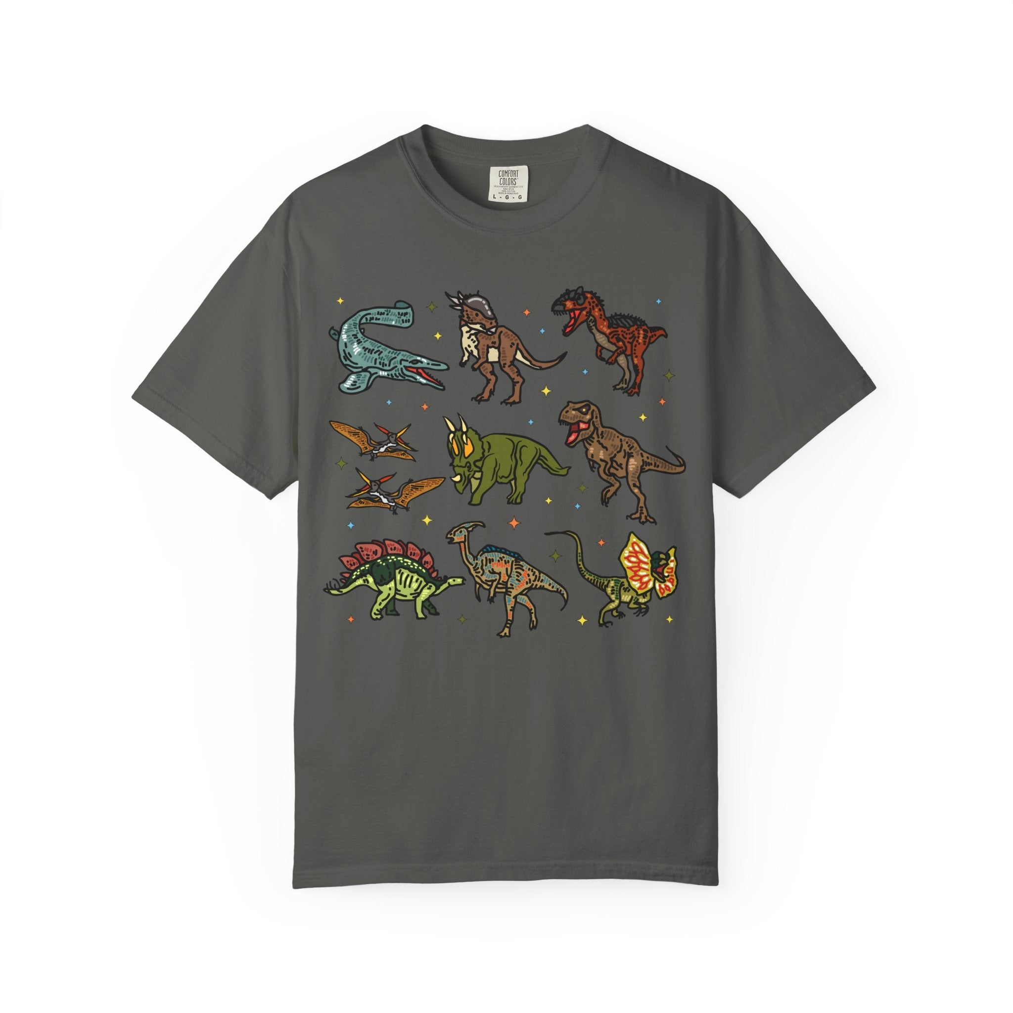 Doodle Dinosaur Tee Shirt with Stars in Comfort Colors | Shirt for Dinosaur Lovers of All Ages with Cute Retro Aesthetic Stars, 90s Vibe - Opal and June