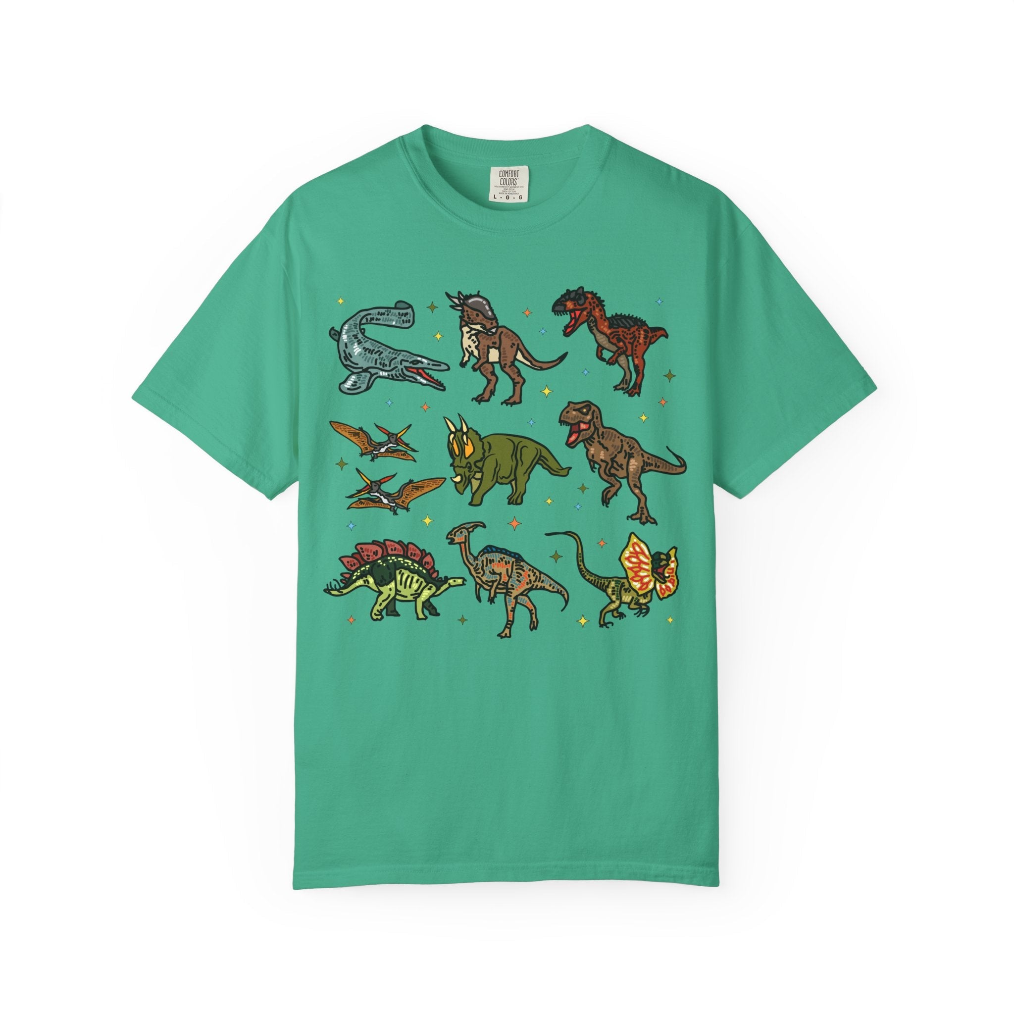 Doodle Dinosaur Tee Shirt with Stars in Comfort Colors | Shirt for Dinosaur Lovers of All Ages with Cute Retro Aesthetic Stars, 90s Vibe - Opal and June