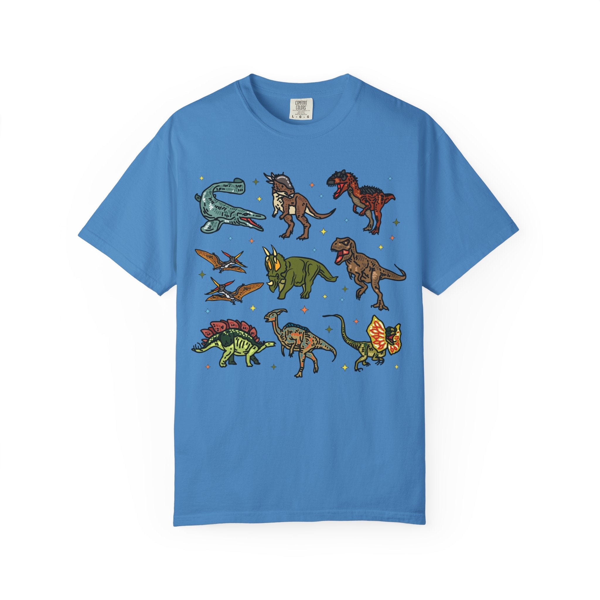 Doodle Dinosaur Tee Shirt with Stars in Comfort Colors | Shirt for Dinosaur Lovers of All Ages with Cute Retro Aesthetic Stars, 90s Vibe - Opal and June