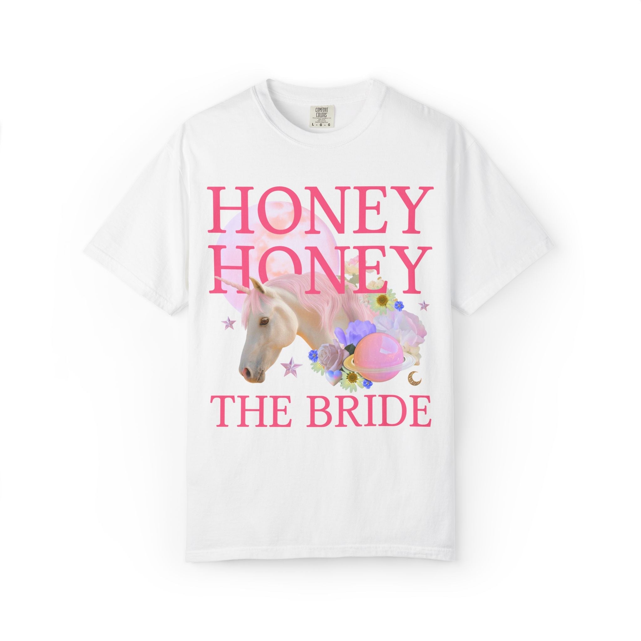 Dreamcore Bachelorette Tee Shirt with Unicorn and Flowers: The Bride, Here for the Bride, Colorful Maximalist Funny Medieval Bridal Party - Opal and June